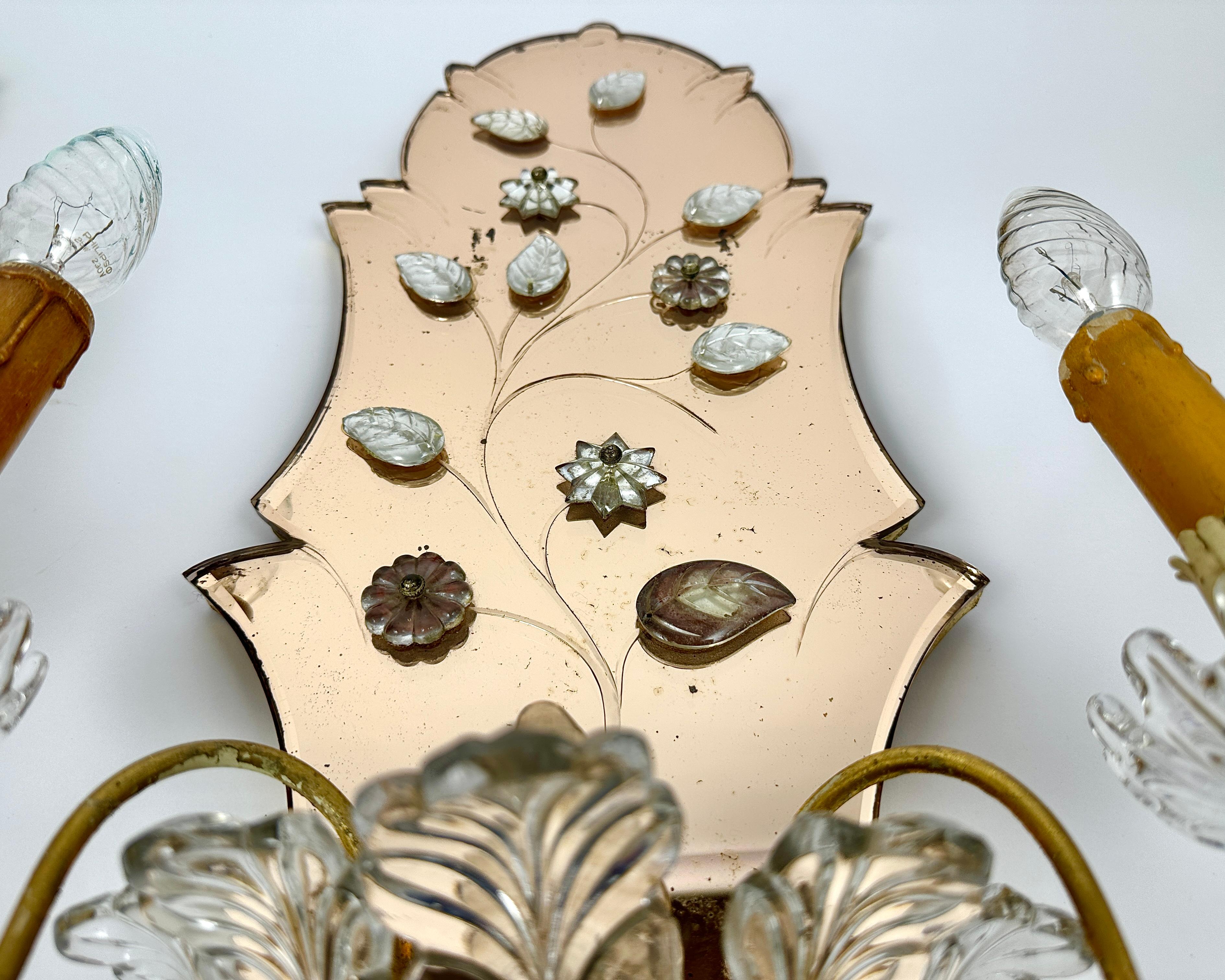 Mid-Century Modern Vintage Sconces Mirrored Wall Lamps Set 2 Crystal & Gilt Metal Italy, 50s For Sale