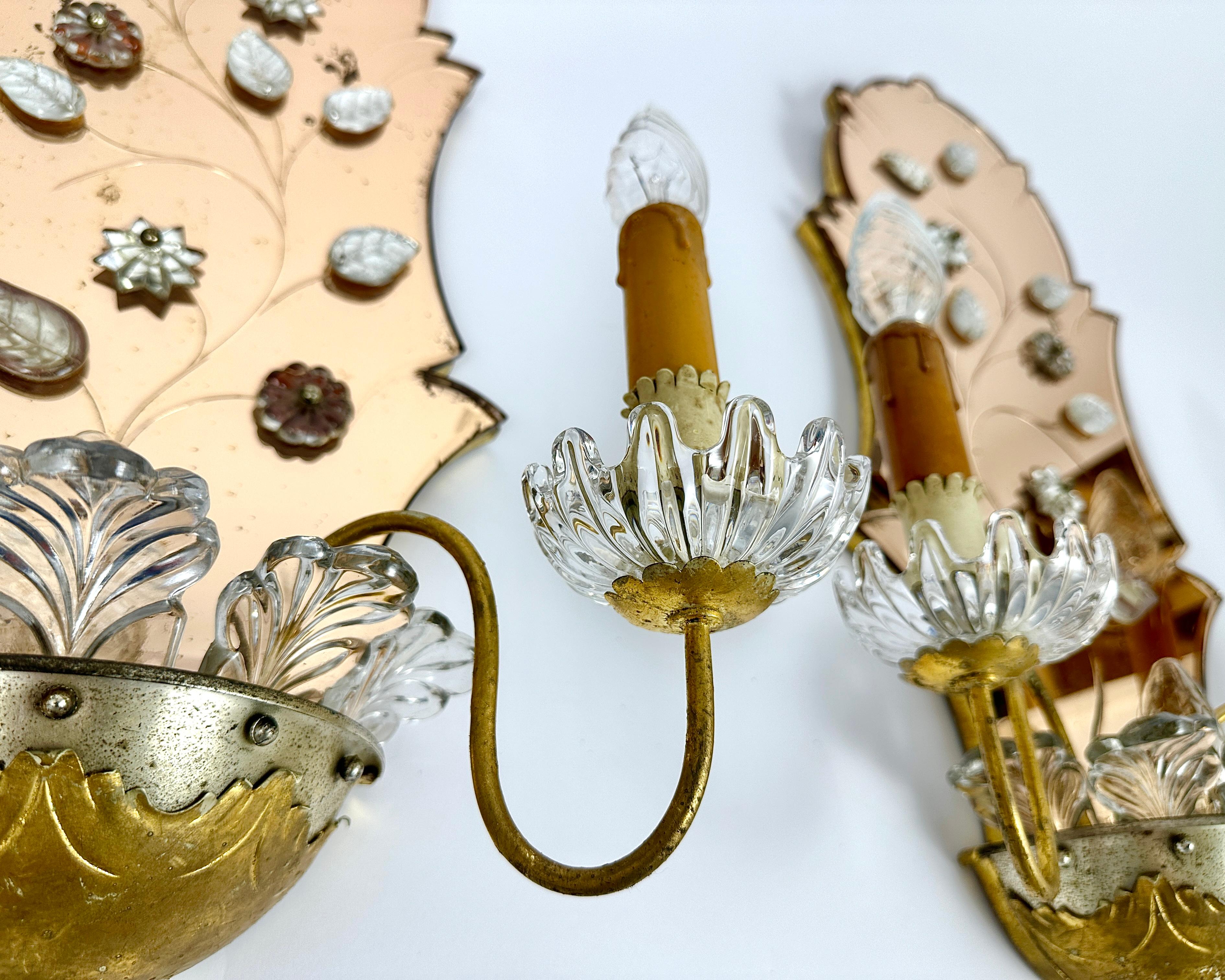 Vintage Sconces Mirrored Wall Lamps Set 2 Crystal & Gilt Metal Italy, 50s In Good Condition For Sale In Bastogne, BE