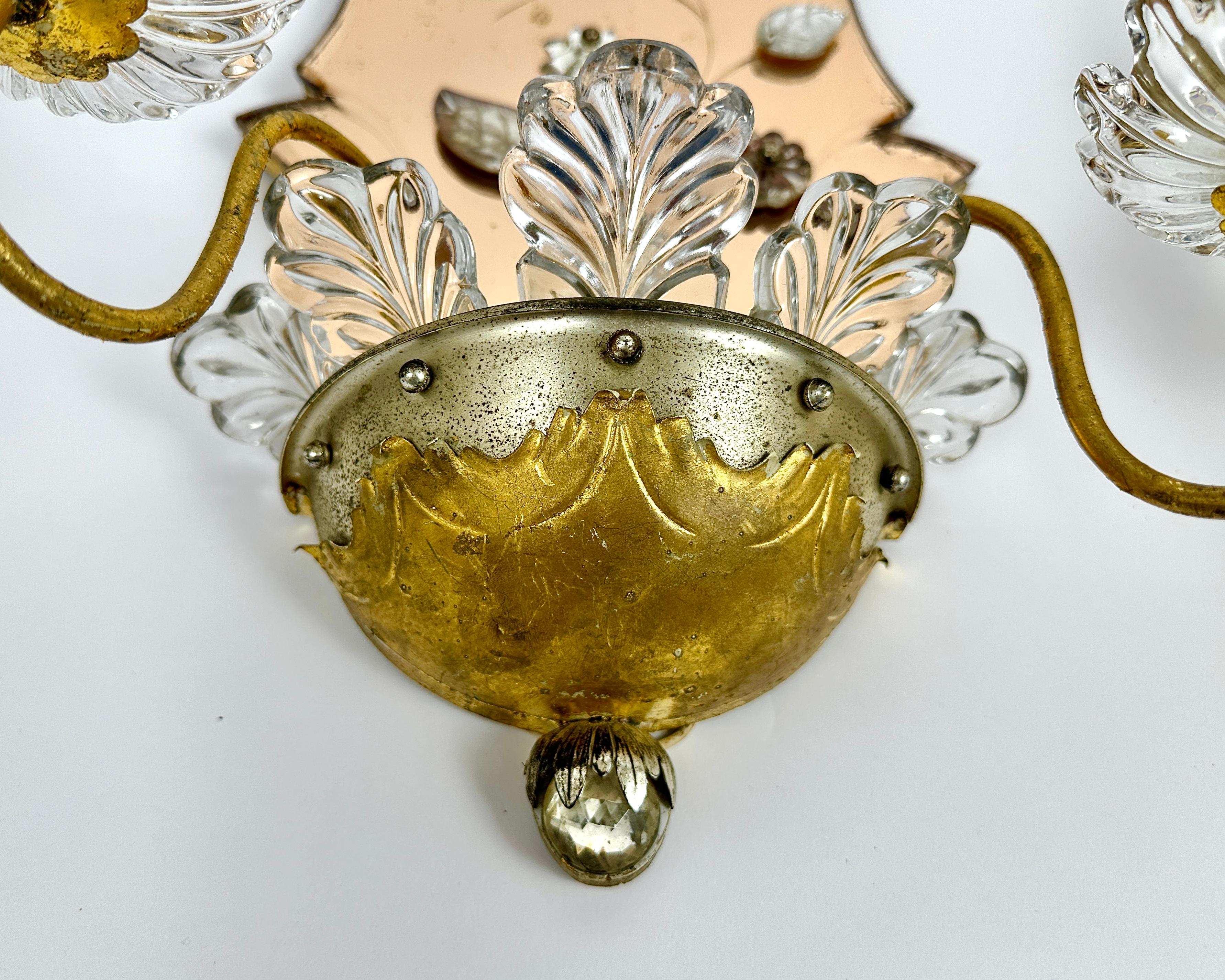Mid-20th Century Vintage Sconces Mirrored Wall Lamps Set 2 Crystal & Gilt Metal Italy, 50s For Sale