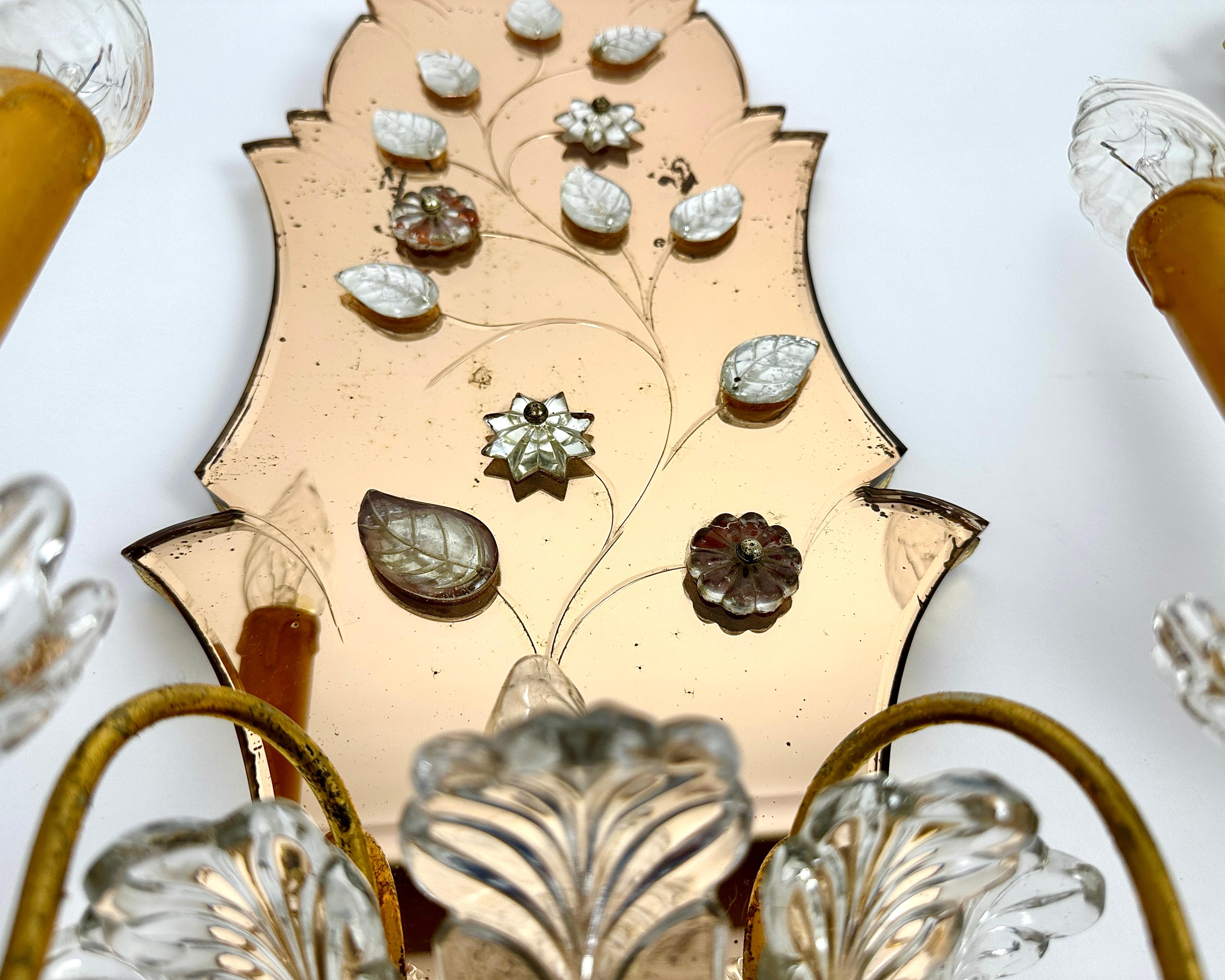 Brass Vintage Sconces Mirrored Wall Lamps Set 2 Crystal & Gilt Metal Italy, 50s For Sale