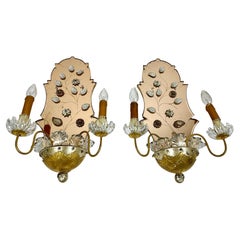 Vintage Sconces Mirrored Wall Lamps Set 2 Crystal & Gilt Metal Italy, 50s