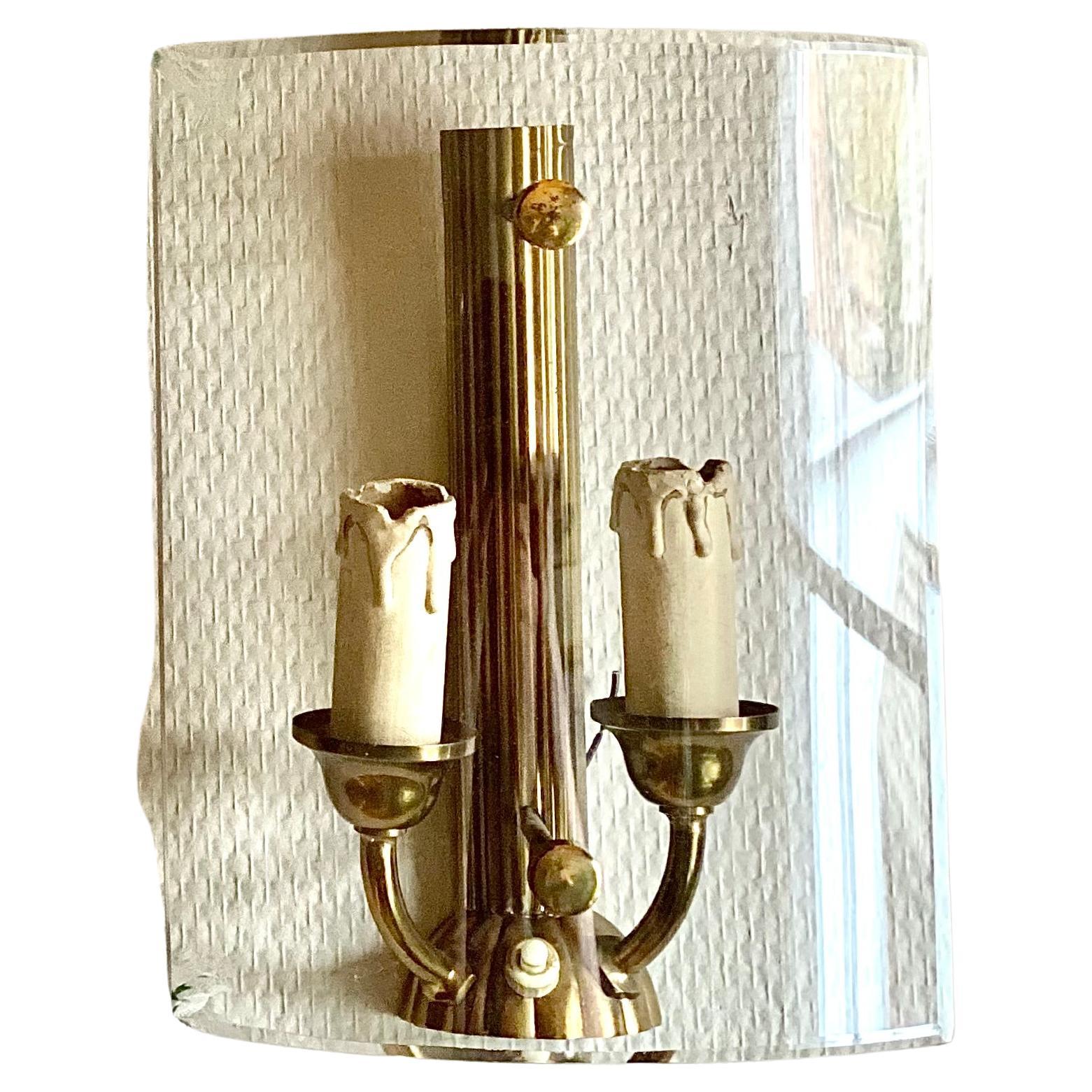 Vintage Sconces Neoclassical/Art Deco Brass Lamps, Curved Glass Shades, 1970s