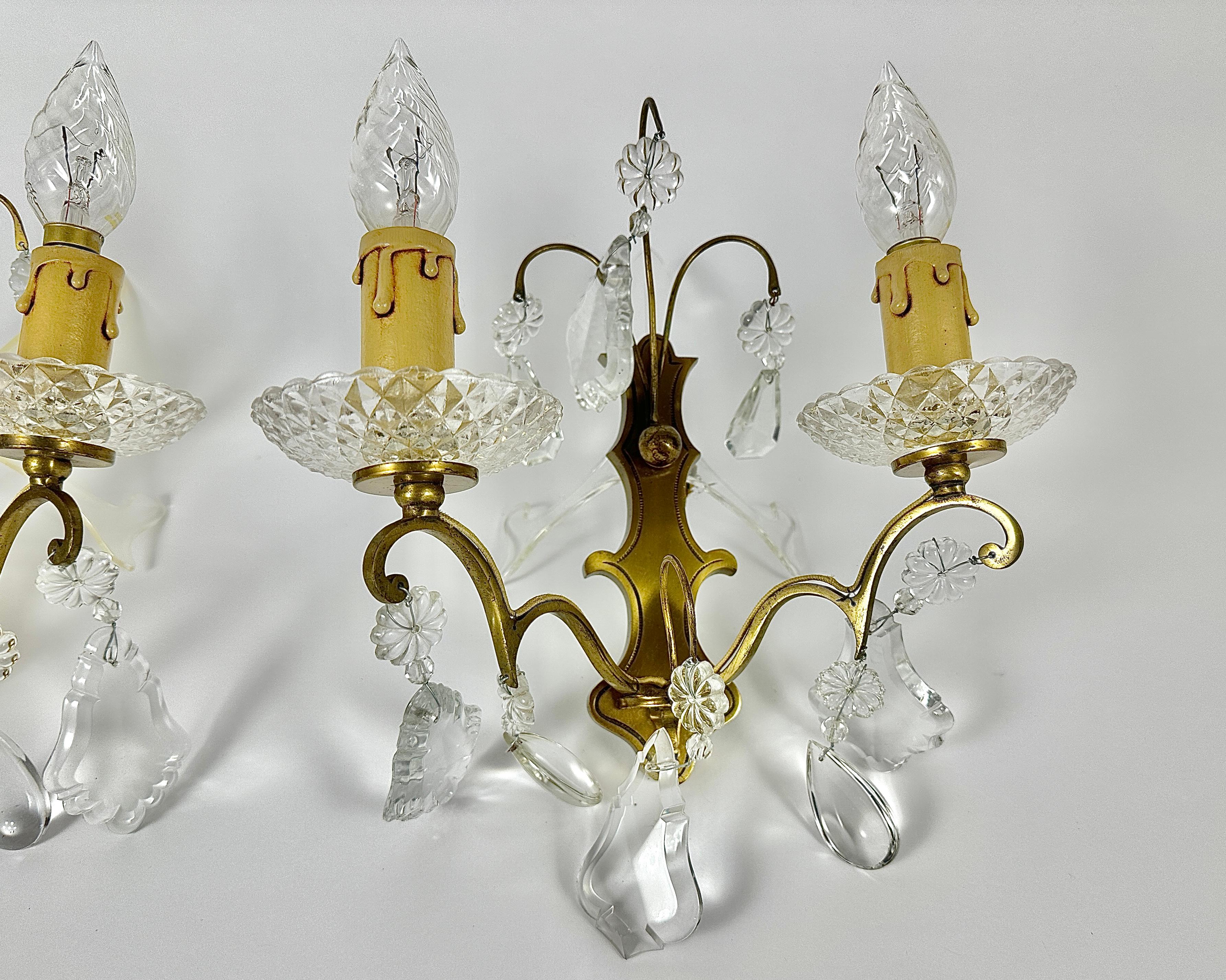 Empire Vintage Sconces Two Wall Lights Gold Bronze Crystal Drops Beads, France, 1950s For Sale