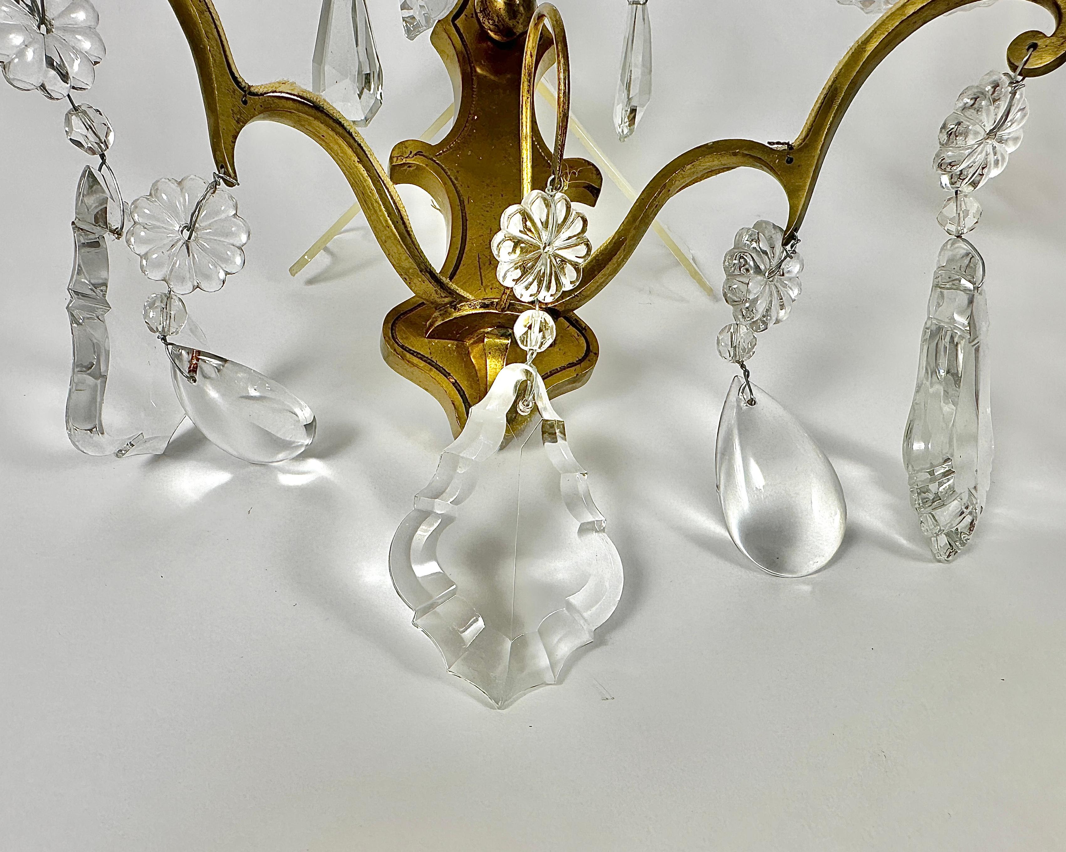 French Vintage Sconces Two Wall Lights Gold Bronze Crystal Drops Beads, France, 1950s For Sale