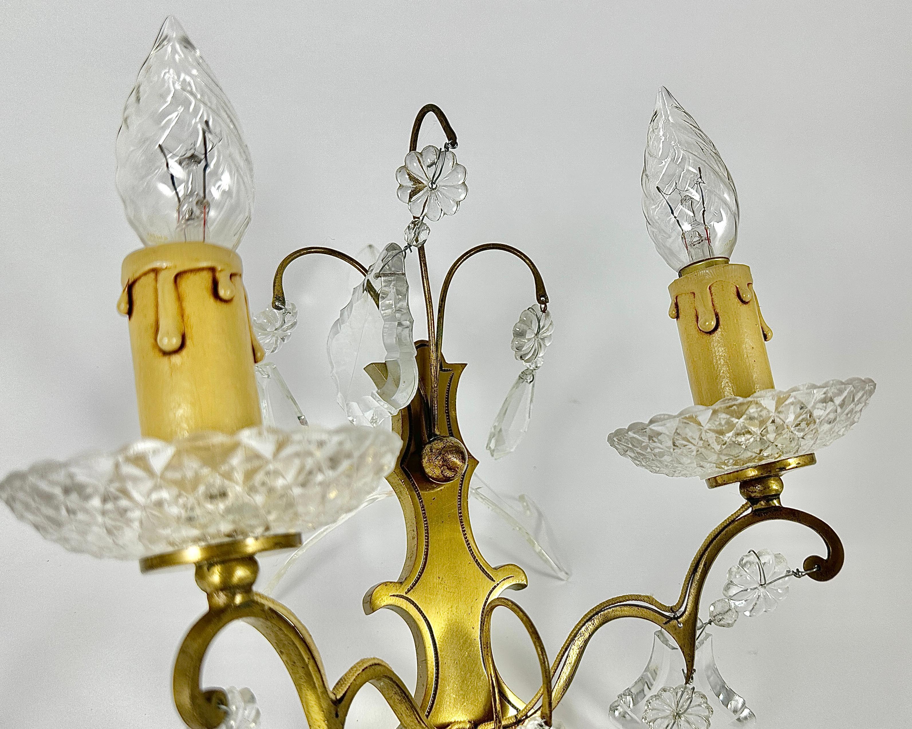 Mid-20th Century Vintage Sconces Two Wall Lights Gold Bronze Crystal Drops Beads, France, 1950s For Sale