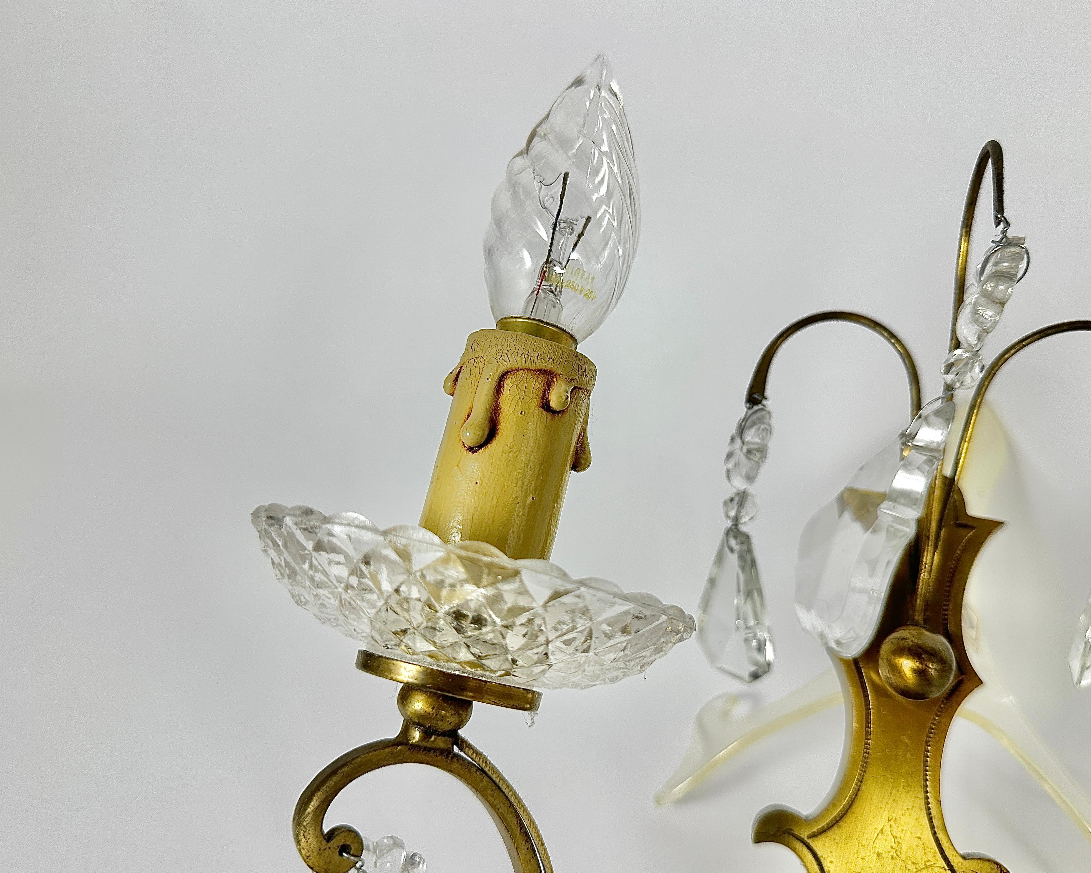 Vintage Sconces Two Wall Lights Gold Bronze Crystal Drops Beads, France, 1950s For Sale 1