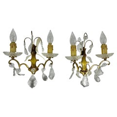 Vintage Sconces Two Wall Lights Gold Bronze Crystal Drops Beads, France, 1950s