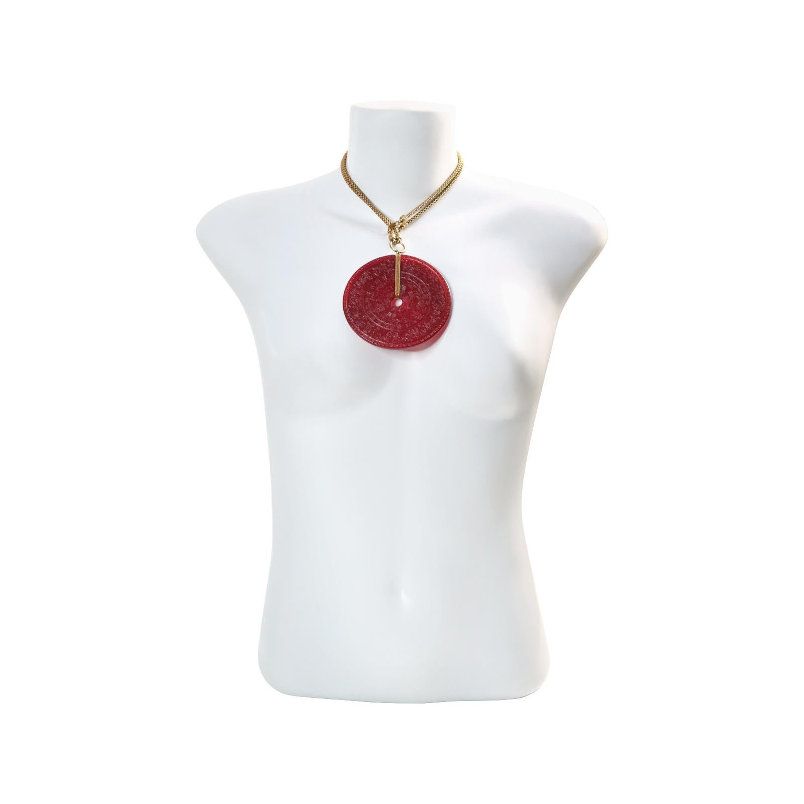 Modern Vintage Scooter Paris  Red Resin Astrological Disc Necklace Circa 1980s For Sale