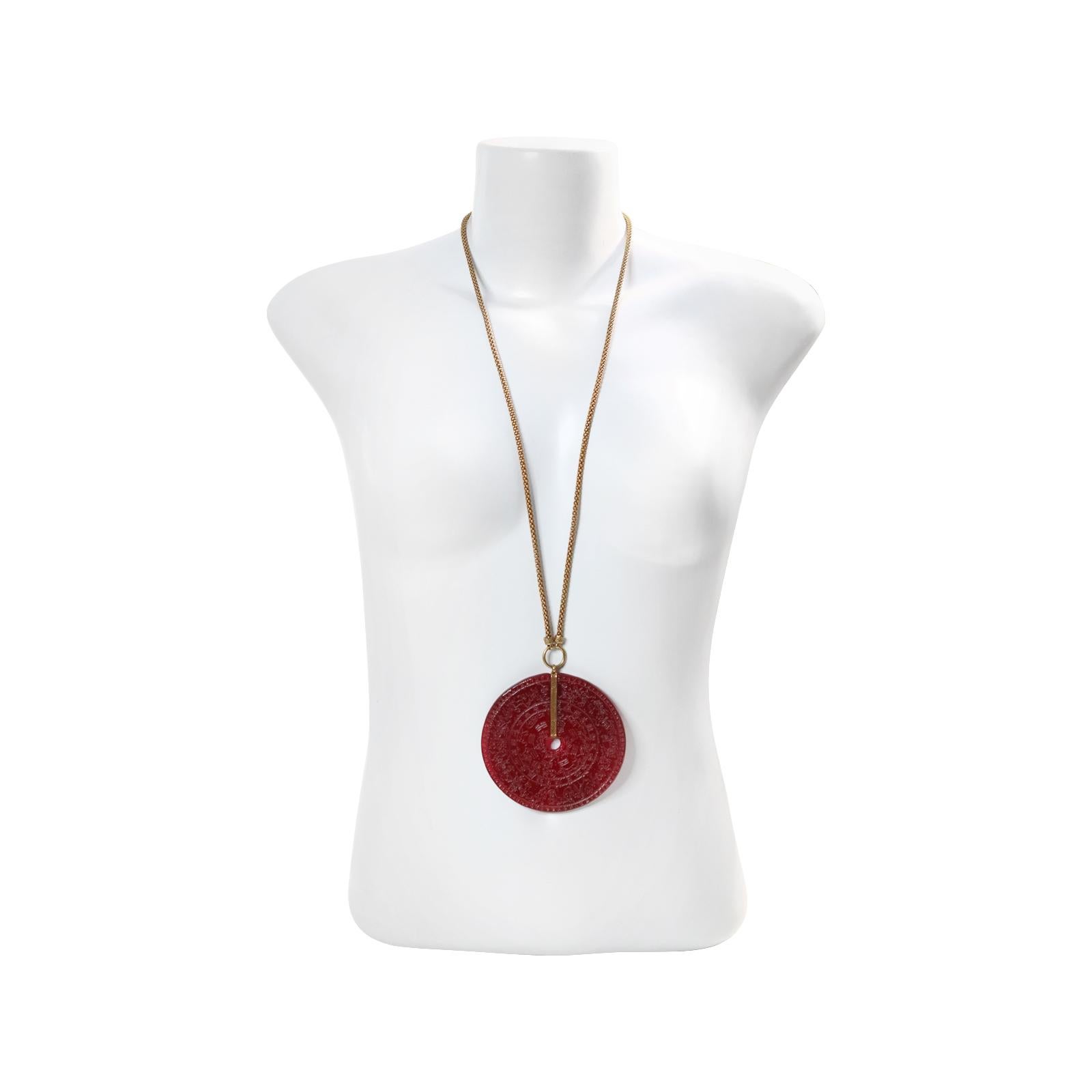 Women's Vintage Scooter Paris  Red Resin Astrological Disc Necklace Circa 1980s For Sale