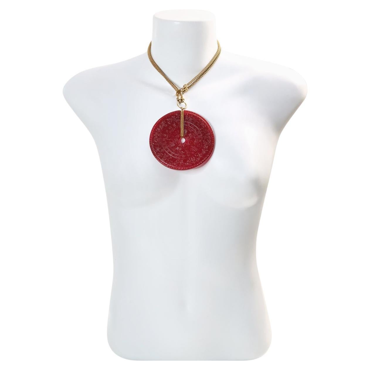 Vintage Scooter Paris  Red Resin Astrological Disc Necklace Circa 1980s For Sale