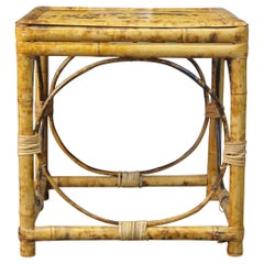 Vintage Scorched Bamboo Geometric Side Table Plant Stand Boho Chic Tortoise