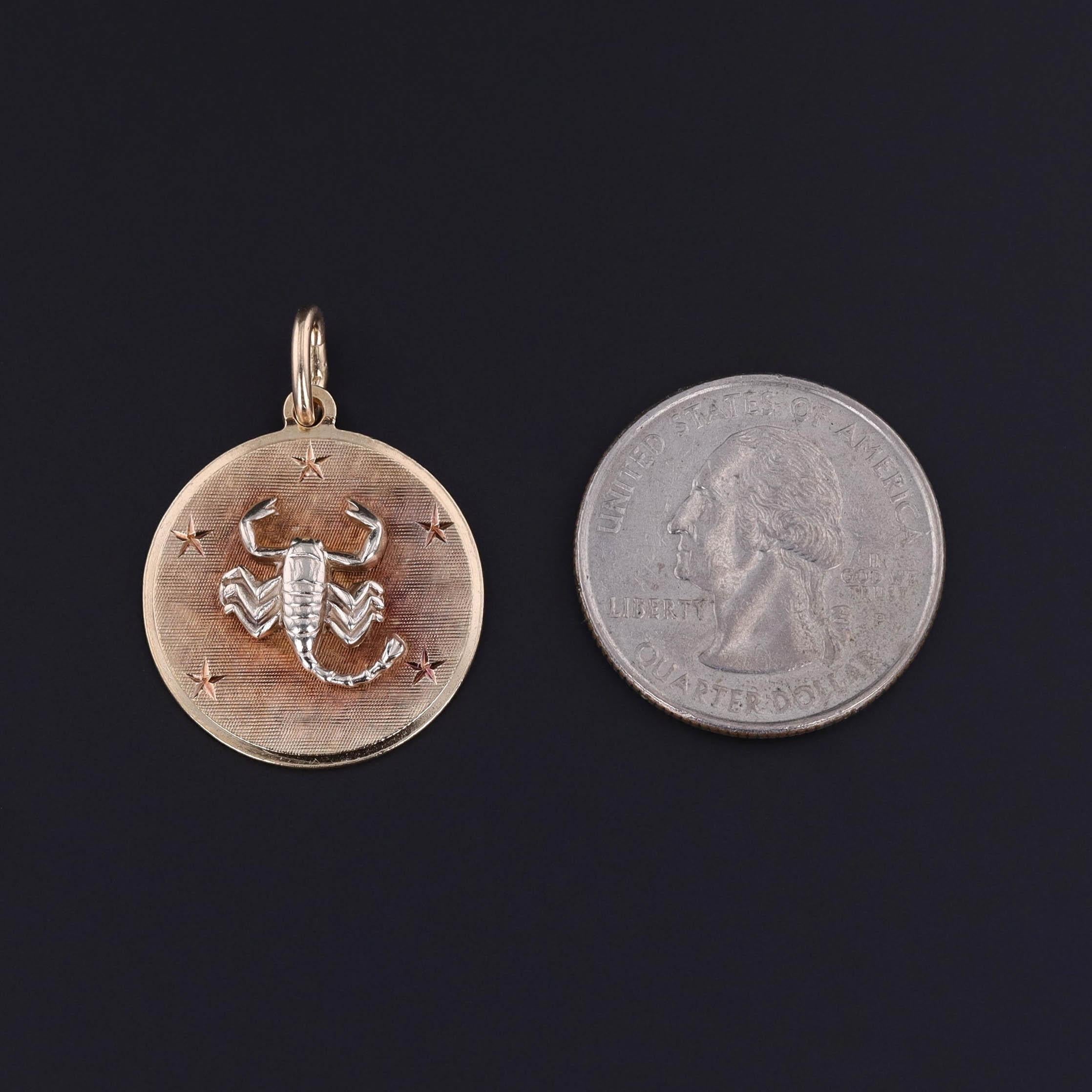 Vintage Scorpio Zodiac Charm: This vintage pendant dates to the 1970s and features a scorpion of 14k gold. The reverse bears the inscription 'Brenda Lee 11-20-42'.

The inscription can be removed for an additional $50 charge.

The piece measures 1.2