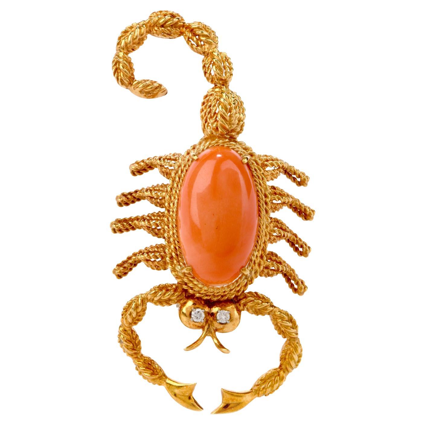 Retro Vintage ScorpionDiamond Coral 18 Karat Gold Pin Brooch For Sale