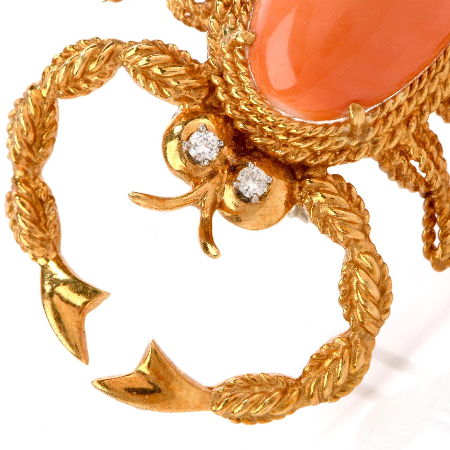 Vintage ScorpionDiamond Coral 18 Karat Gold Pin Brooch In Excellent Condition For Sale In Miami, FL