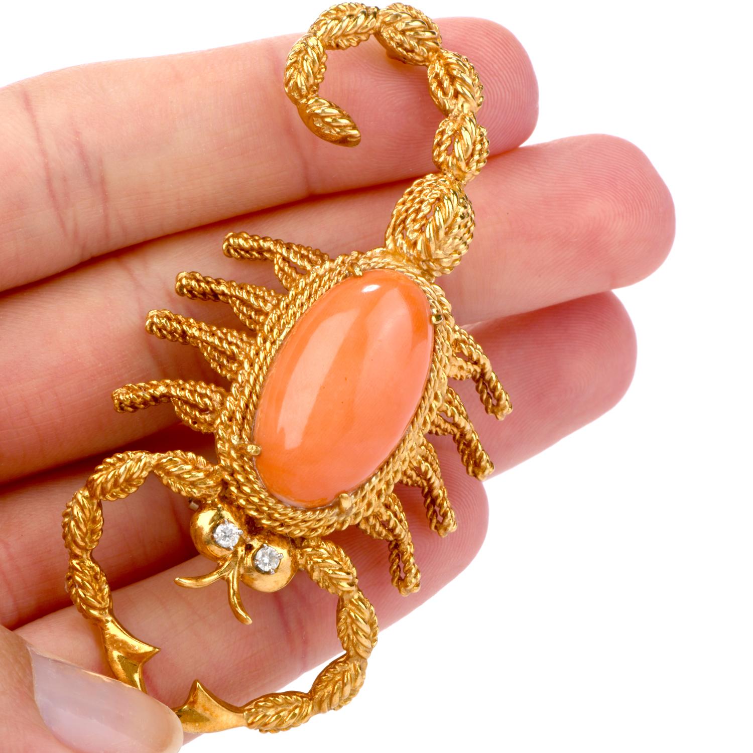 Women's or Men's Vintage ScorpionDiamond Coral 18 Karat Gold Pin Brooch For Sale