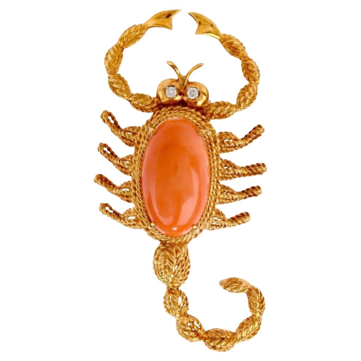 Vintage ScorpionDiamond Coral 18 Karat Gold Pin Brooch For Sale