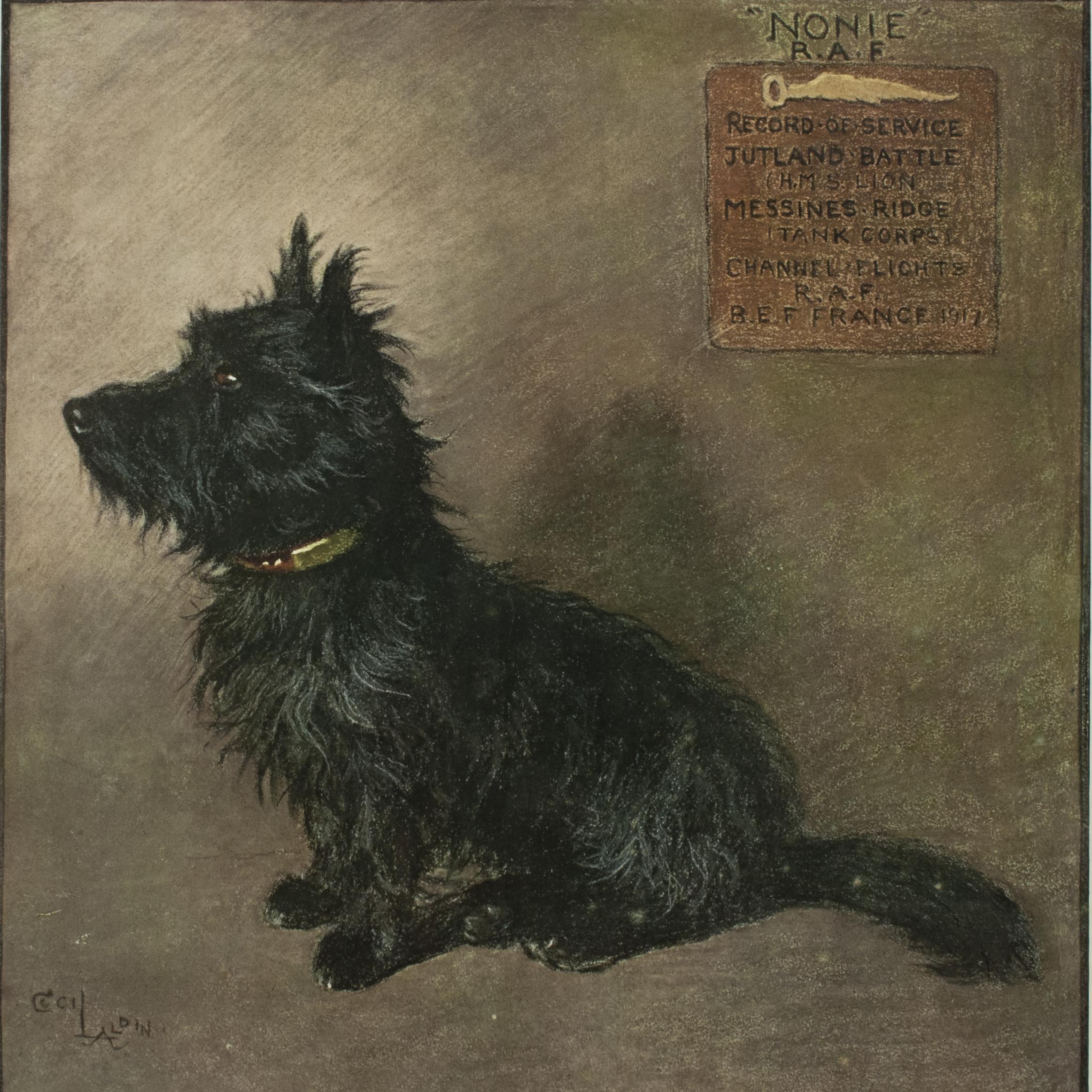 Dogs of Character, Nonie A Scotch Terrier, R.A.F.
A Cecil Aldin print, Nonie, the study of the RAF canine, a black Scottie dog published by Richard Wyman & Co. Ltd. Within the print is a record of service for Nonie: -R.A.F. Record of service,