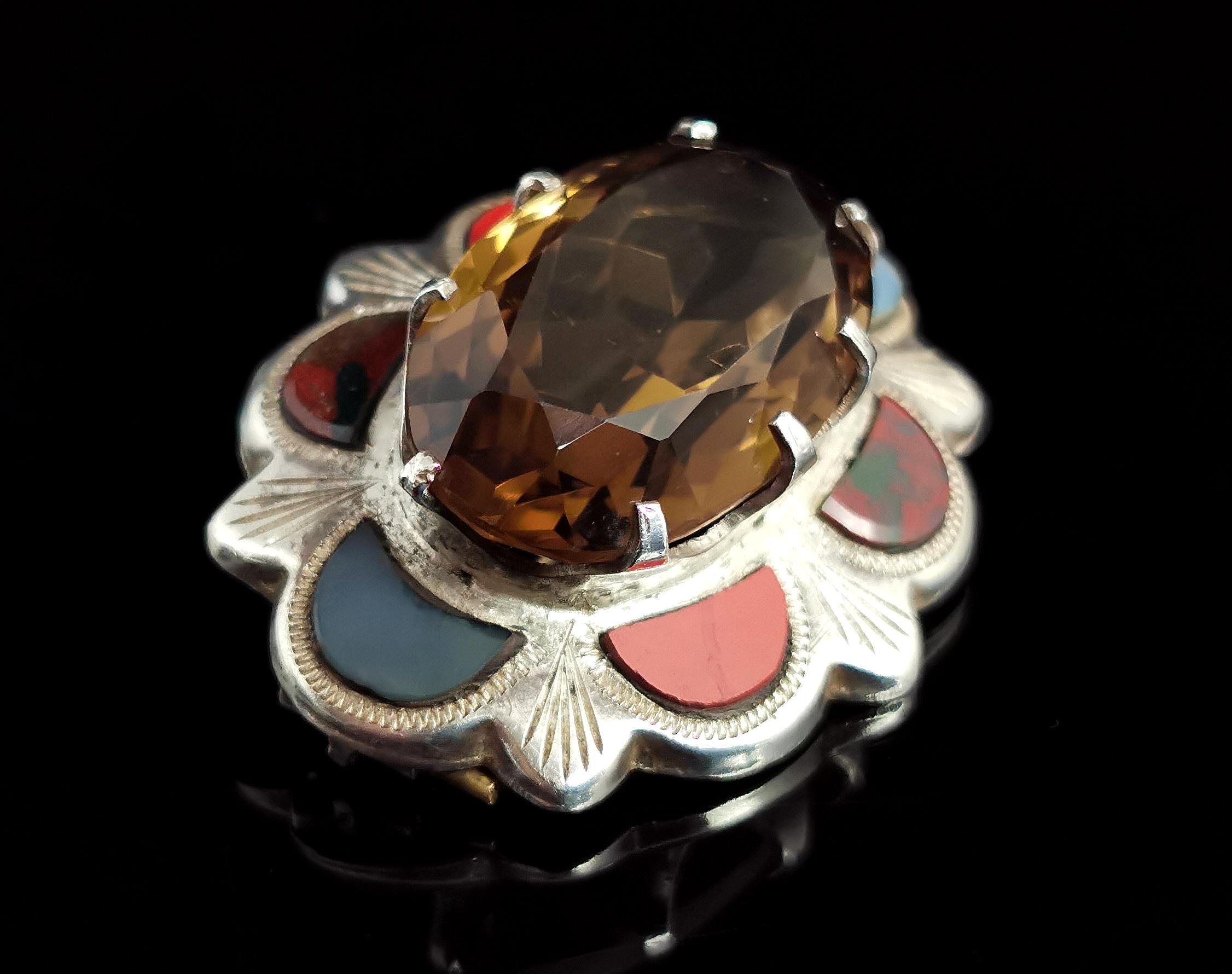 Oval Cut Vintage Scottish Agate, Silver and Smoky Quartz Brooch