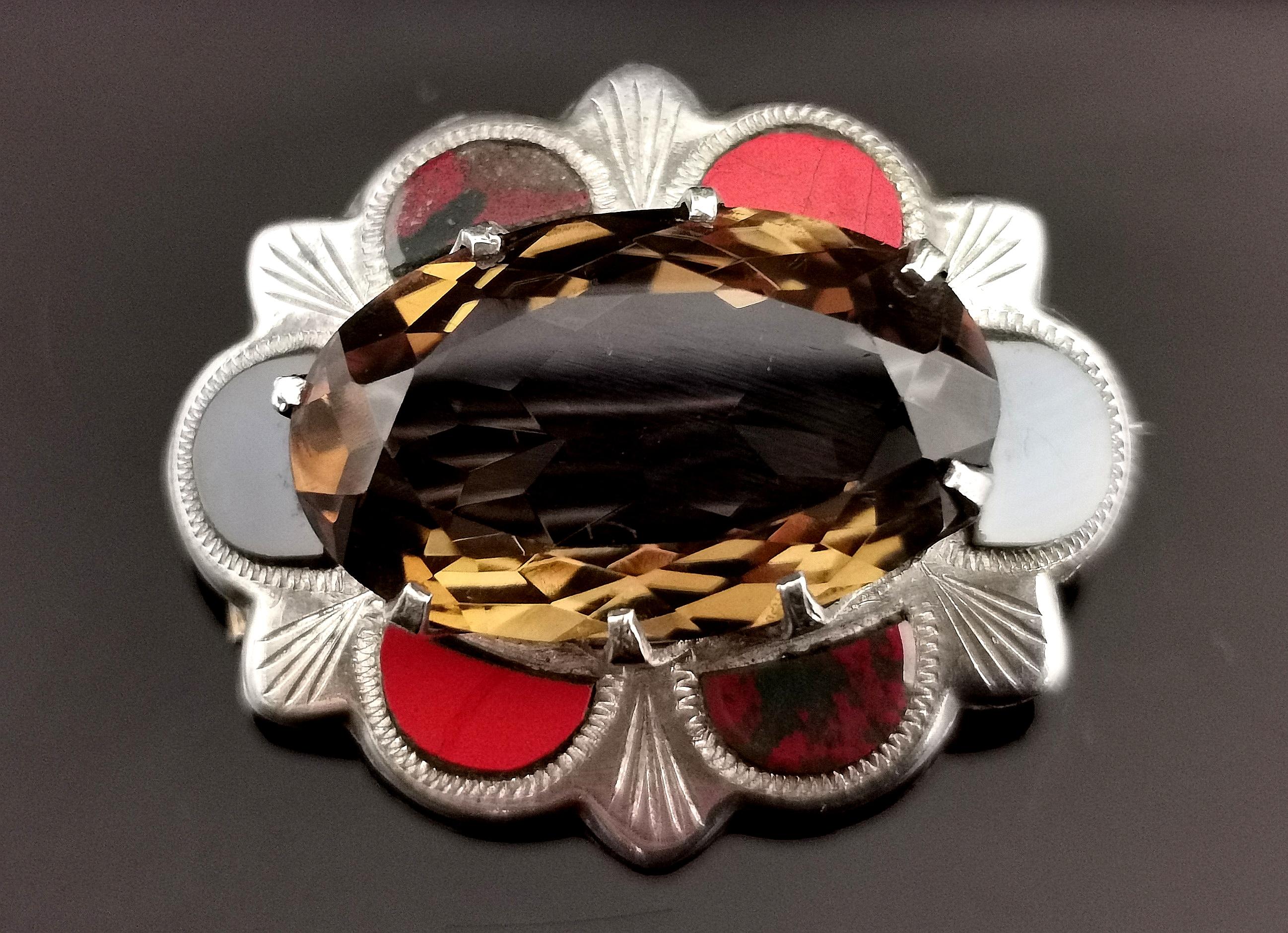 Women's Vintage Scottish Agate, Silver and Smoky Quartz Brooch