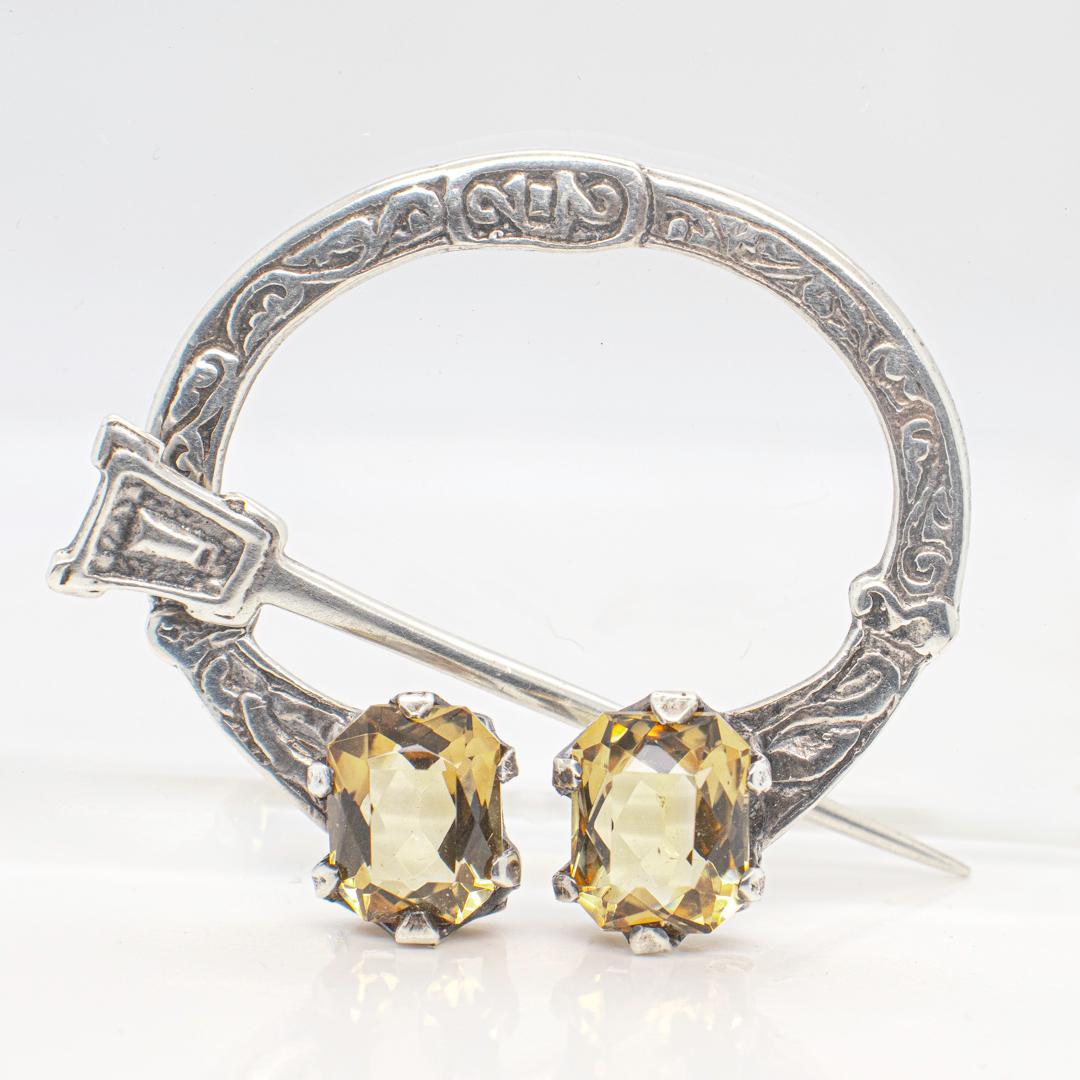 Vintage Scottish Sterling Silver & Citrine Gemstone Penannular Brooch or Pin In Good Condition In Philadelphia, PA