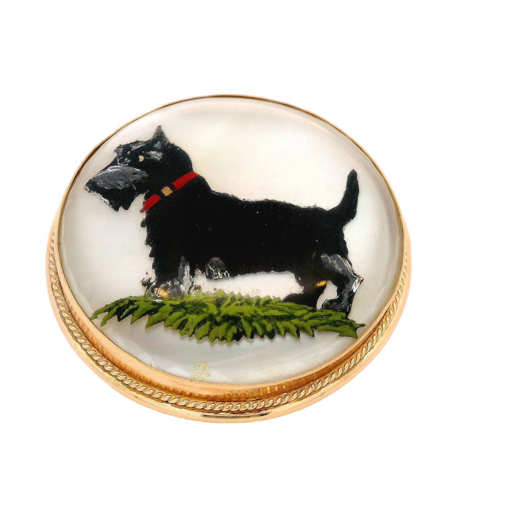 Vintage Terrier Dog Reverse Essex Crystal Pendant Brooch in 14K Gold

This Vintage Scottish Terrier Reverse Essex Crystal Dog Pendant Brooch is a delightful piece of early 20th-century craftsmanship, dating back to circa 1910. At its heart lies a