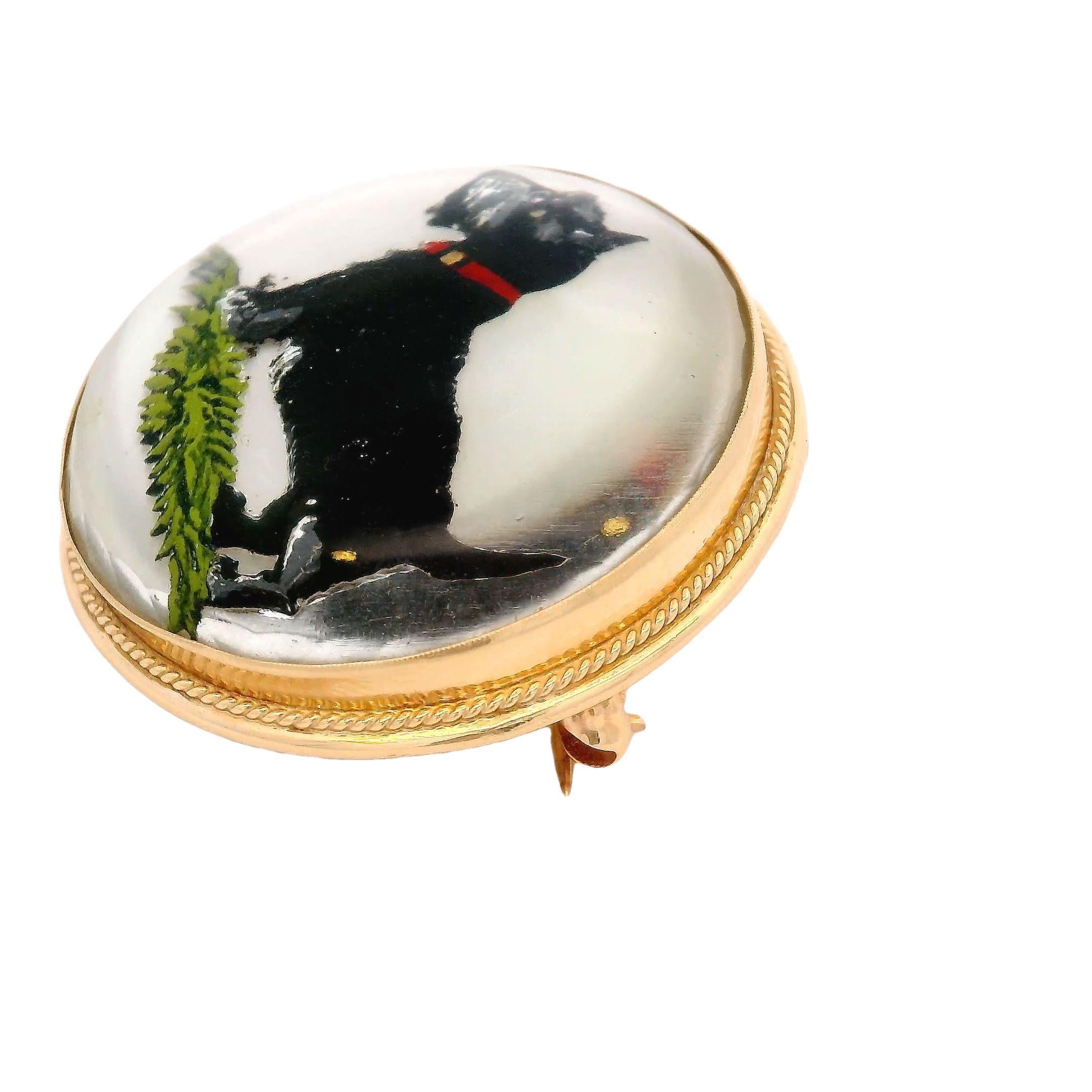 Cabochon Vintage Terrier Dog Reverse Essex Crystal Pendant Brooch in 14K Gold For Sale