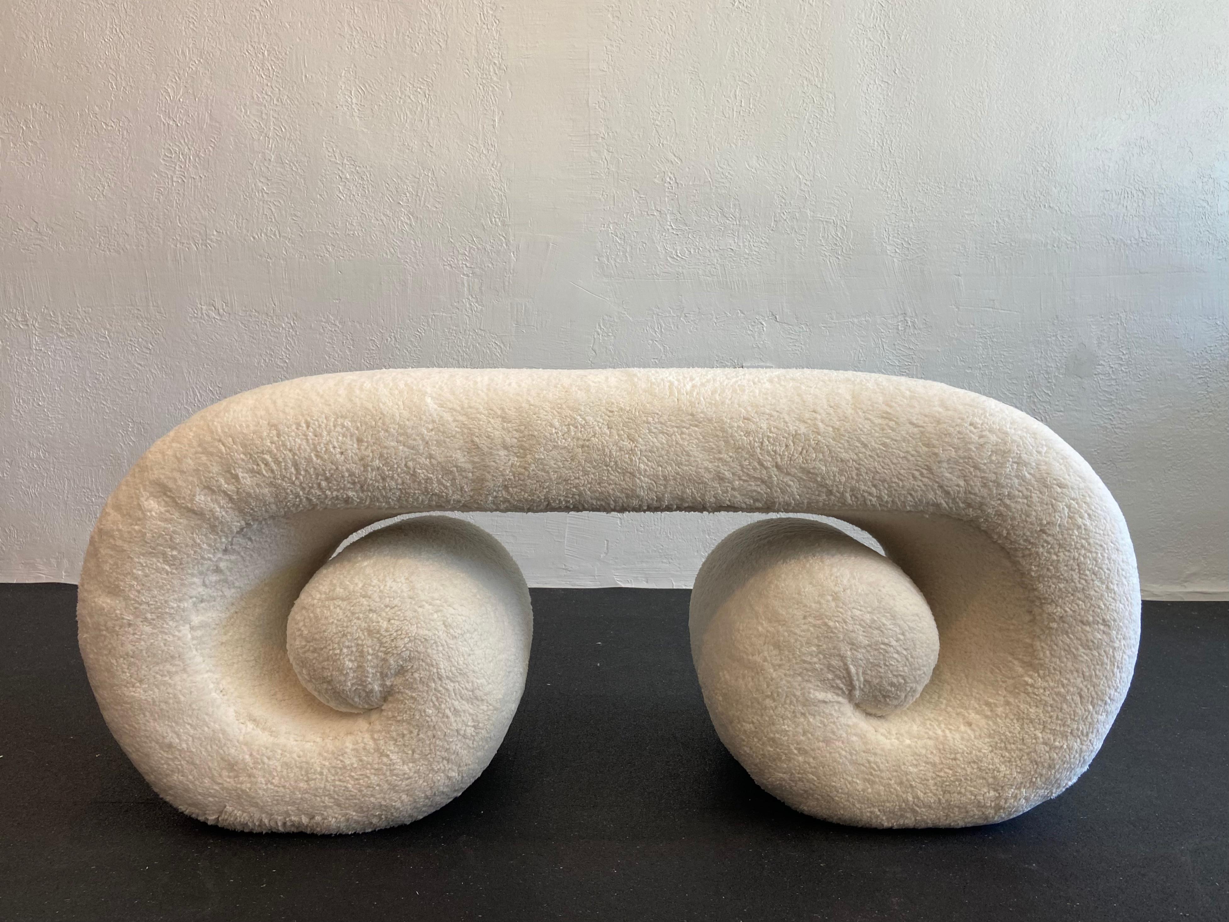 Vintage scroll bench newly upholstered in faux sherpa. 

Would work well in a variety of interiors such as modern, mid century modern, Hollywood Regency, etc. Piece blends seamlessly with other designers such as Warren Platner, Karl Springer,
