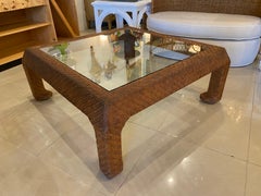 Vintage Scroll Ming Legs Coffee Cocktail Table Braided Leather Wicker Glass Top