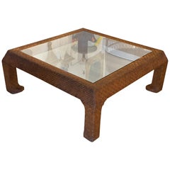 Used Scroll Ming Legs Coffee Cocktail Table Braided Leather Wicker Glass Top