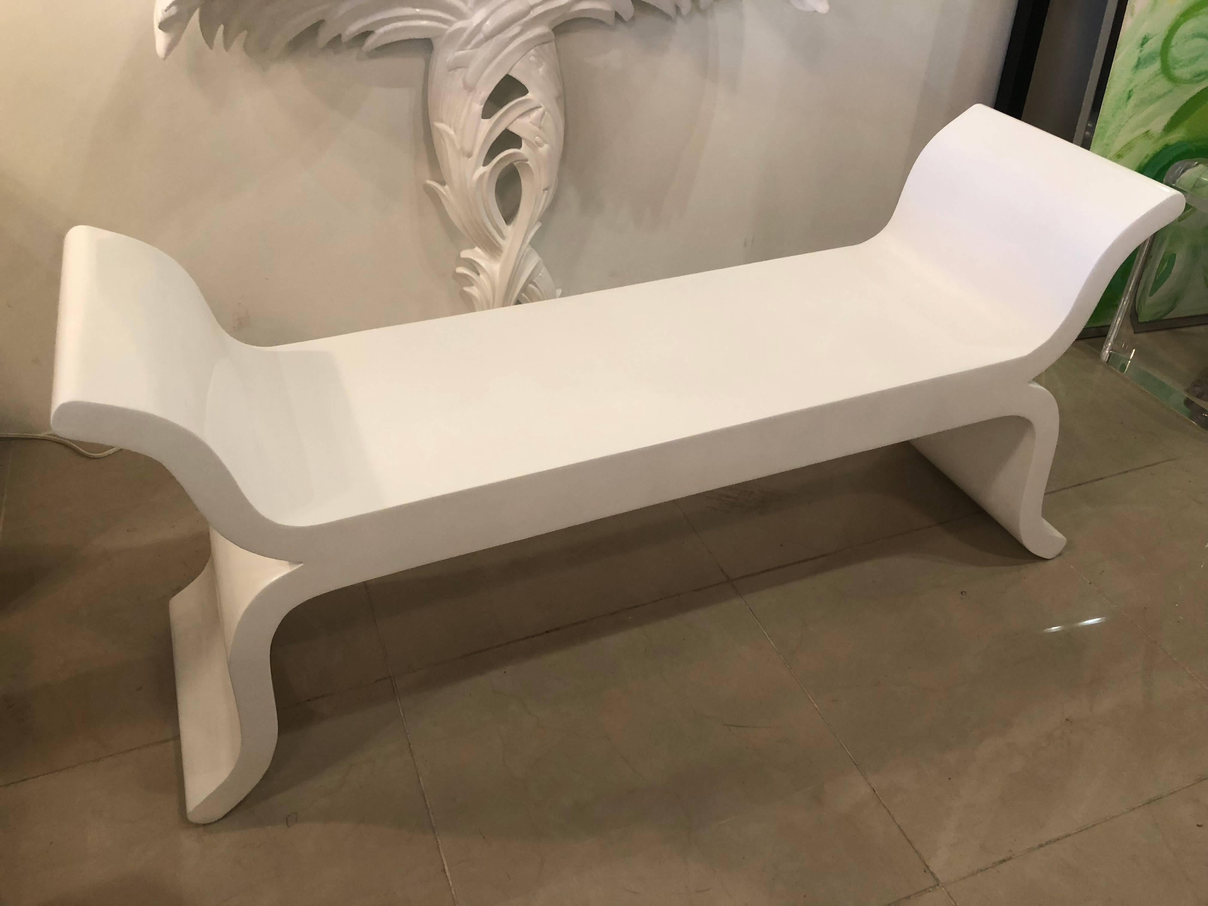 Vintage Ming, scroll Hollywood Regency style wood bench that has been newly lacquered in a white gloss finish. May be minor imperfections to the newly lacquered vintage piece.