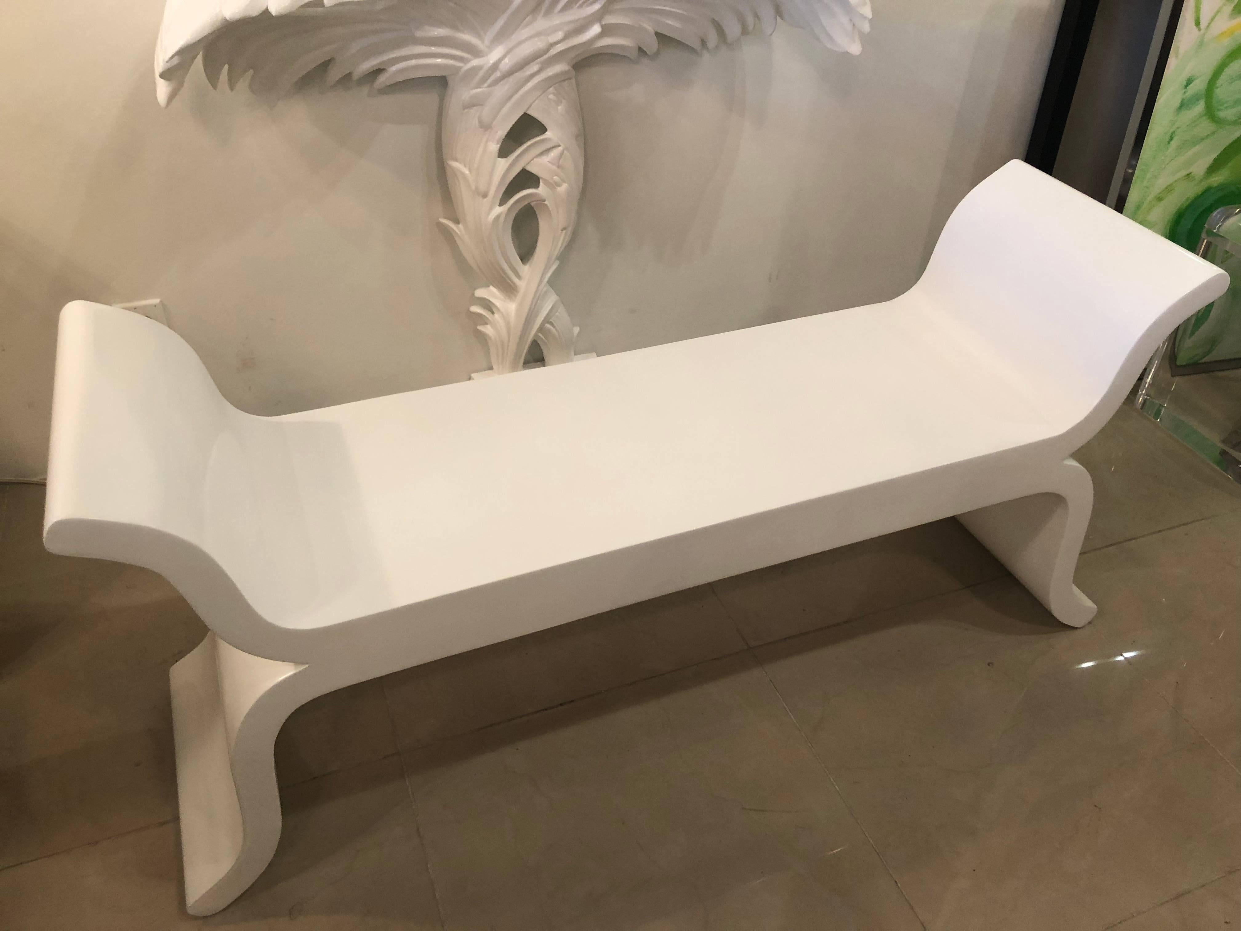 Hollywood Regency Vintage Scroll Ming White Lacquered Modern Bench