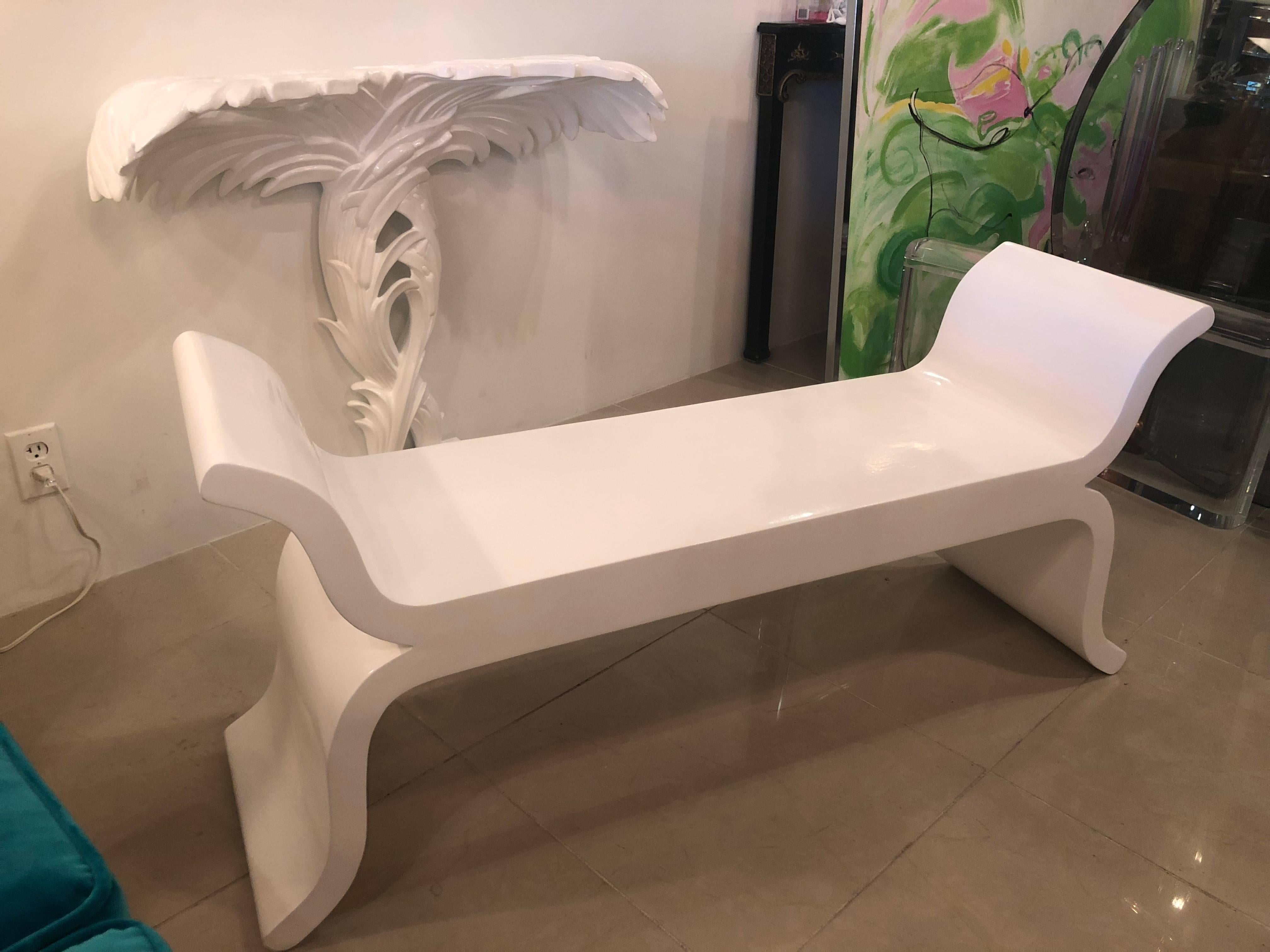 Vintage Scroll Ming White Lacquered Modern Bench 1