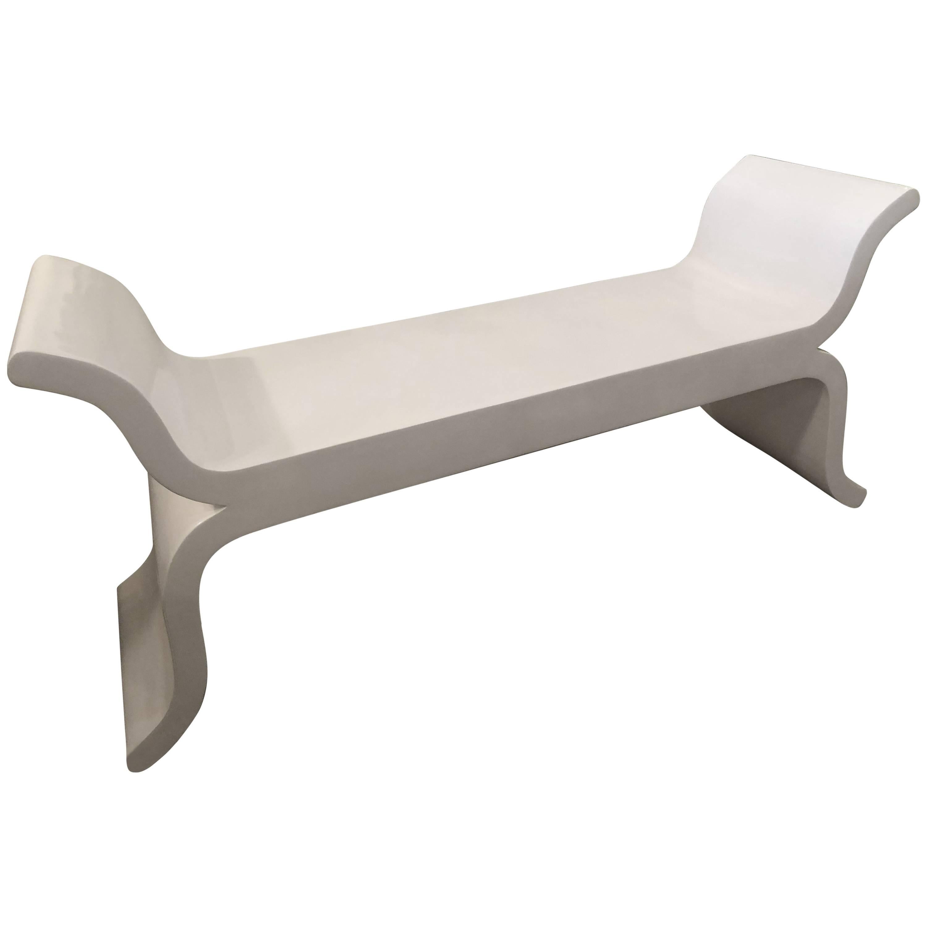 Vintage Scroll Ming White Lacquered Modern Bench