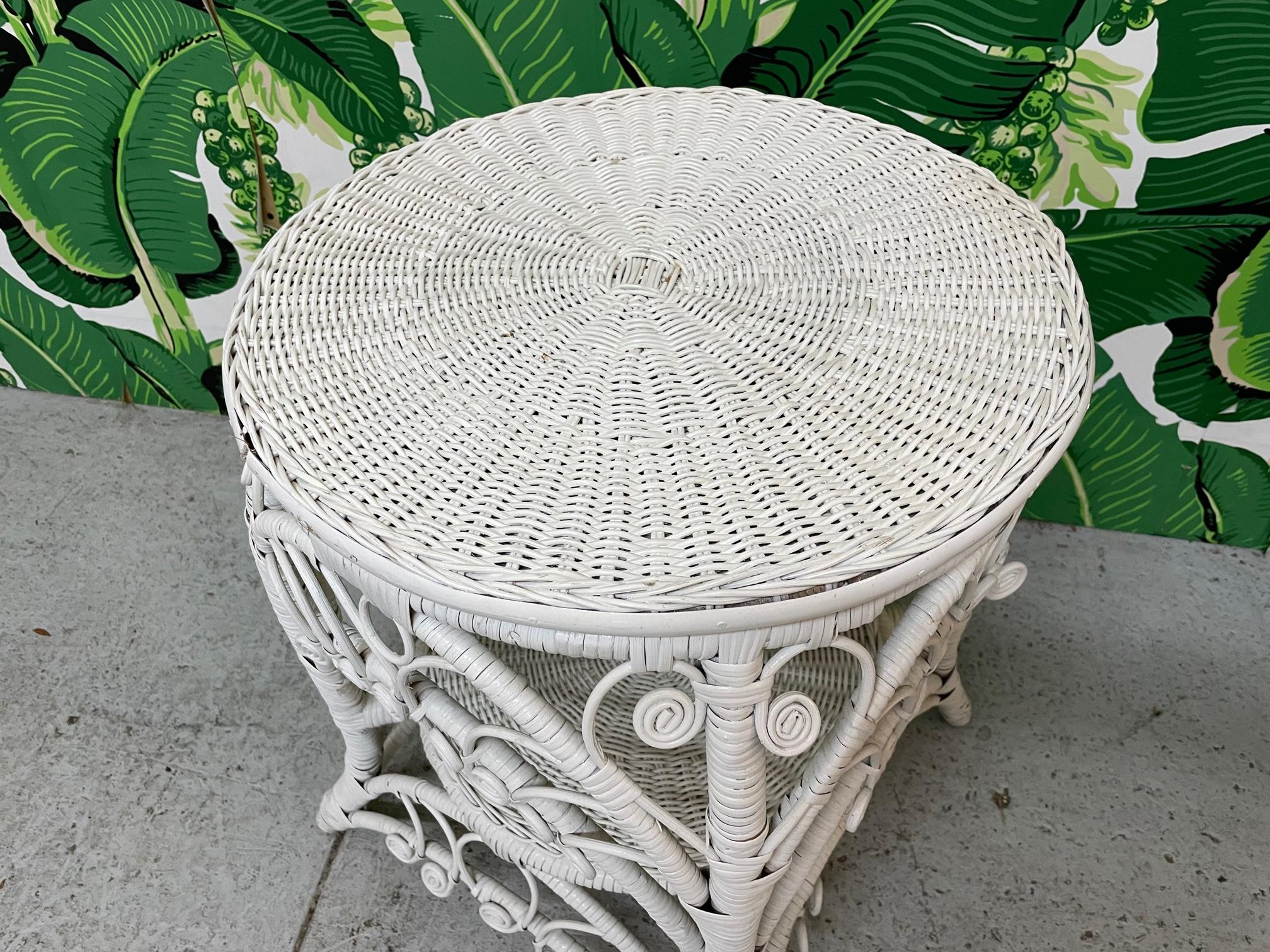 Bohemian Vintage Scroll Wicker Side Table in the Style of Heywood-Wakefield For Sale