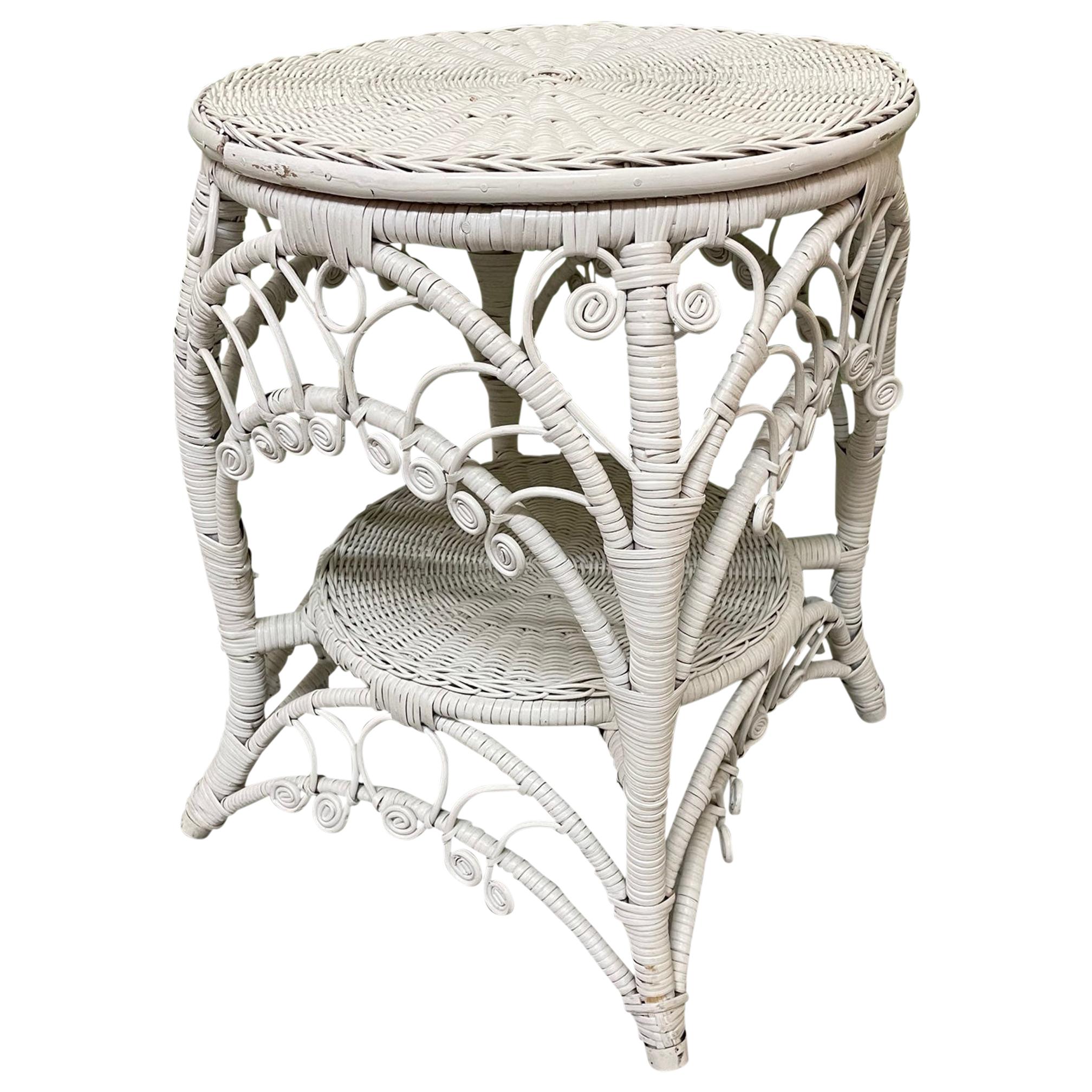 Vintage Scroll Wicker Side Table in the Style of Heywood-Wakefield For Sale