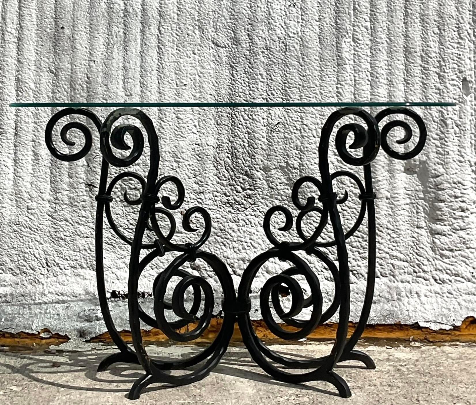 Hollywood Regency Vintage Scroll Wrought Iron Console Table For Sale