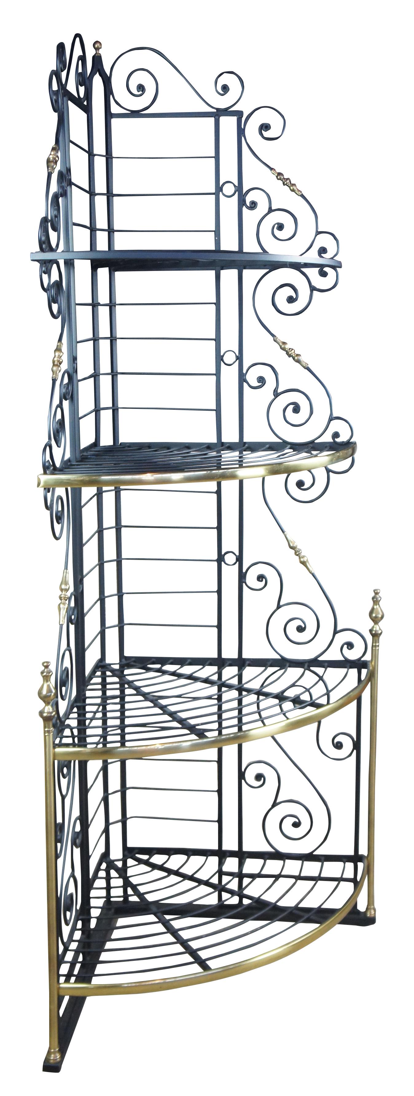Vintage scrolled iron and brass corner bakers rack French étagère shelf 88