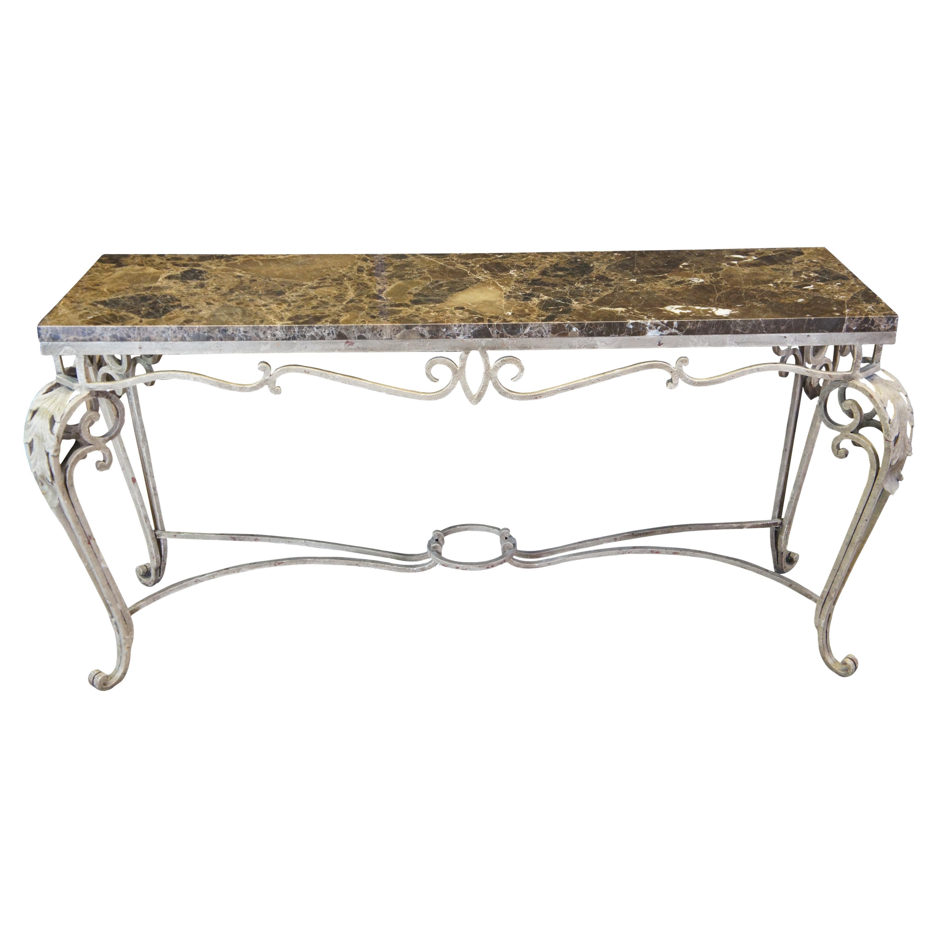 Vintage Scrolled Wrought Iron & Spanish Marble Hall Sofa Console Table 65" For Sale
