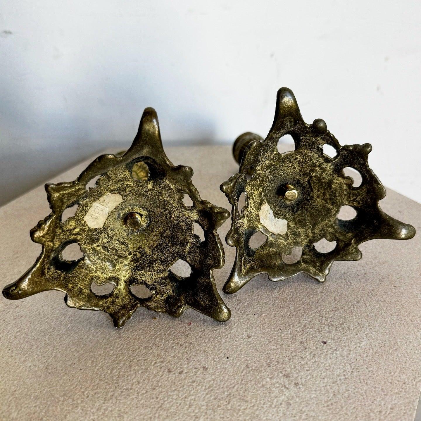 American Vintage Sculpted Brass Candlestick Holders - a Pair For Sale