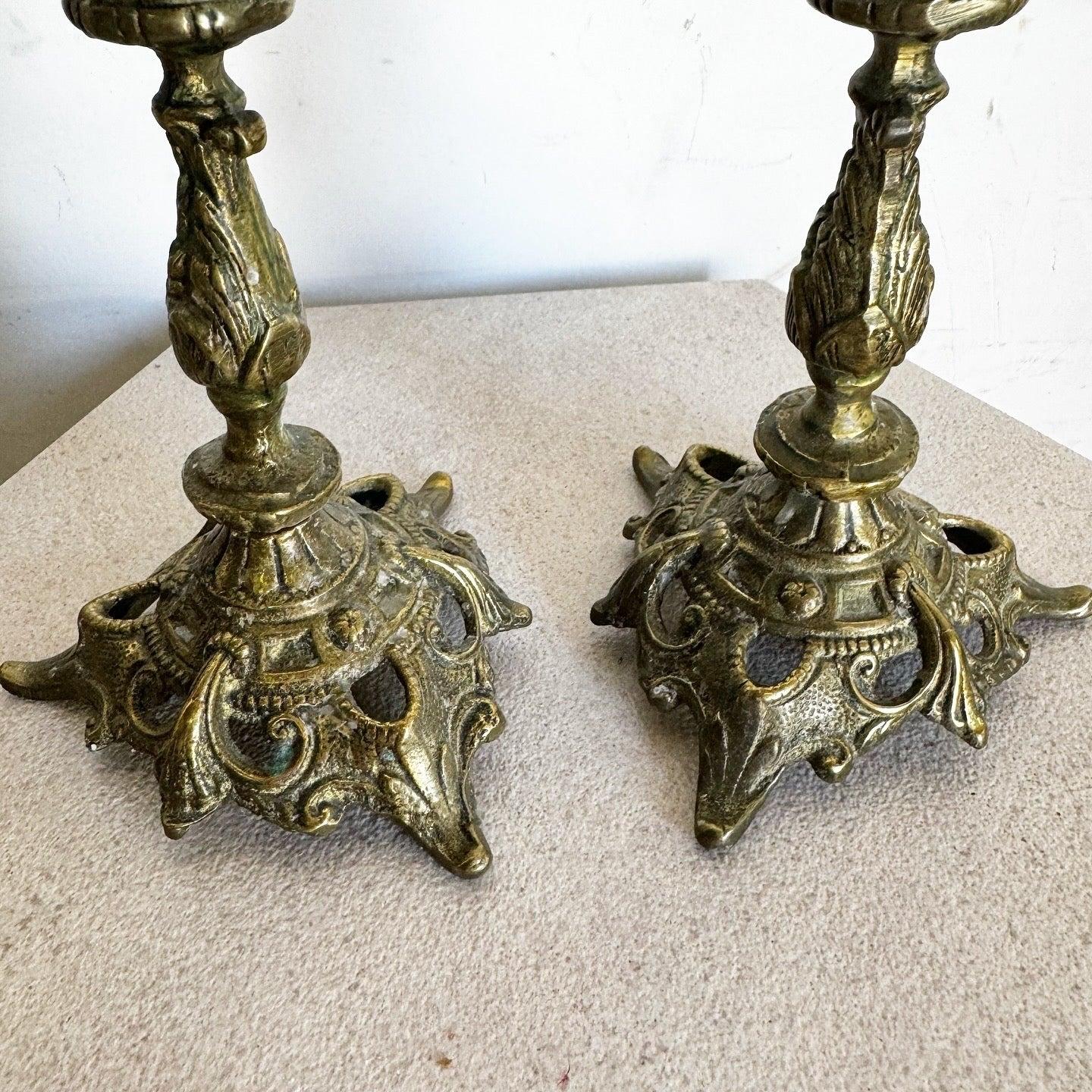 Vintage Sculpted Brass Candlestick Holders - a Pair In Good Condition For Sale In Delray Beach, FL