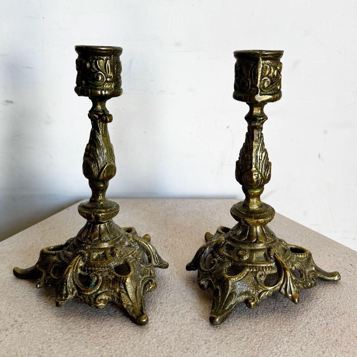20th Century Vintage Sculpted Brass Candlestick Holders - a Pair For Sale