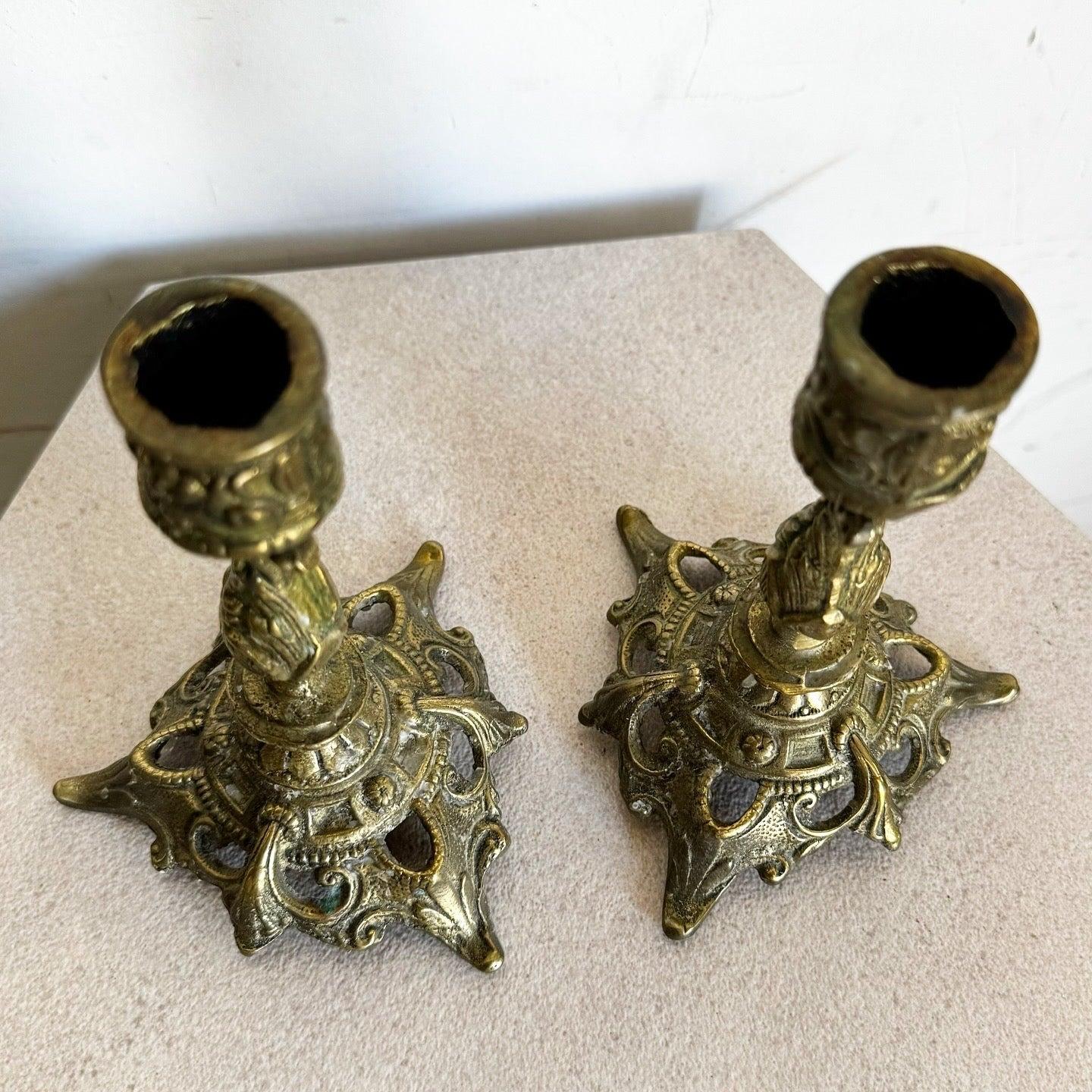 Vintage Sculpted Brass Candlestick Holders - a Pair For Sale 1
