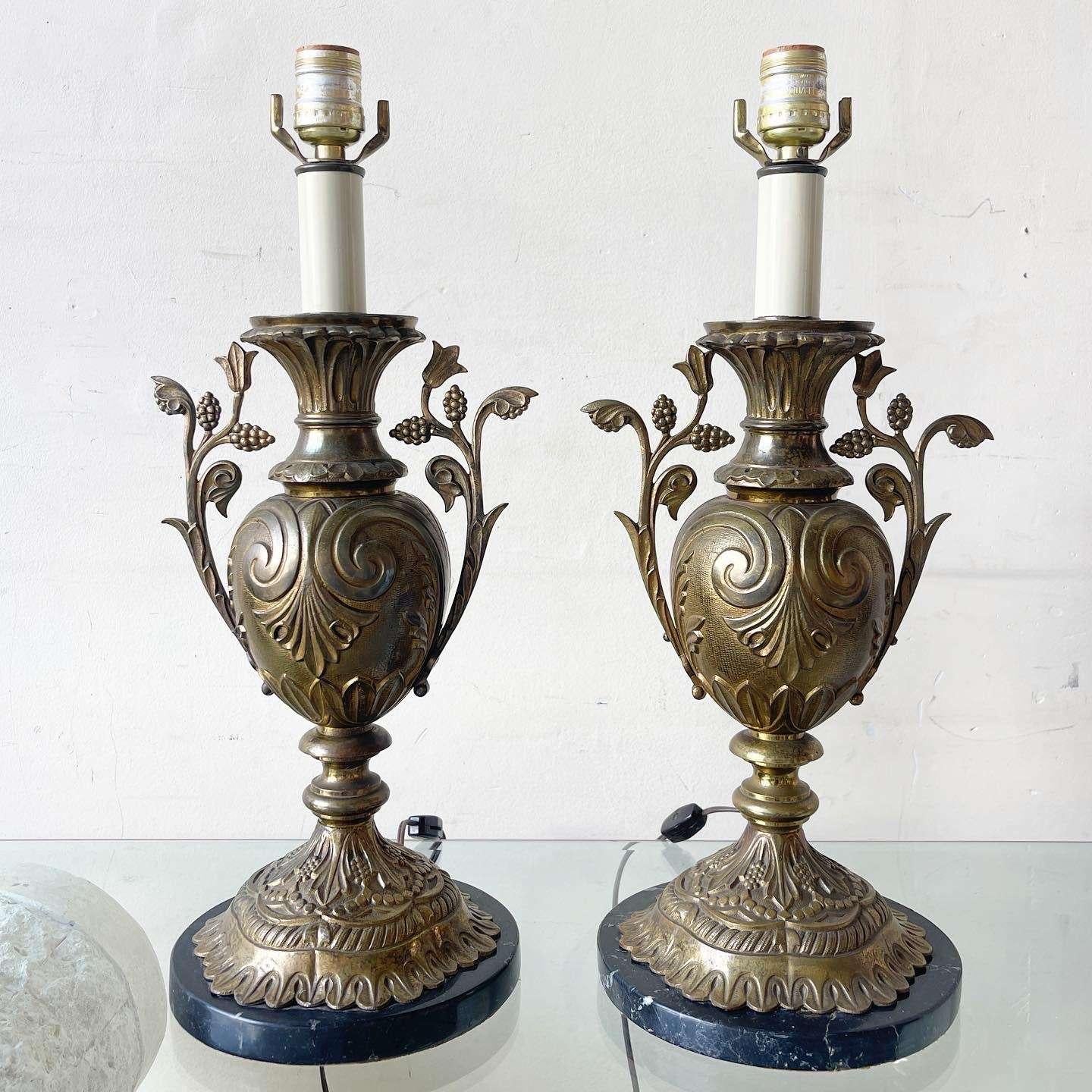 Vintage Sculpted Brass Vase on Black Marble Table Lamps - a Pair For Sale  at 1stDibs