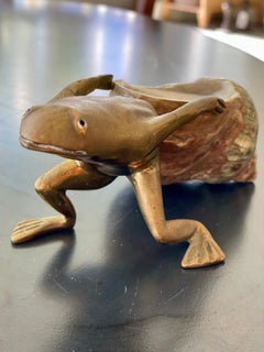 Vintage Sculpted Bronze Frog Pulling Green Turban Shell, Signed by the Artist