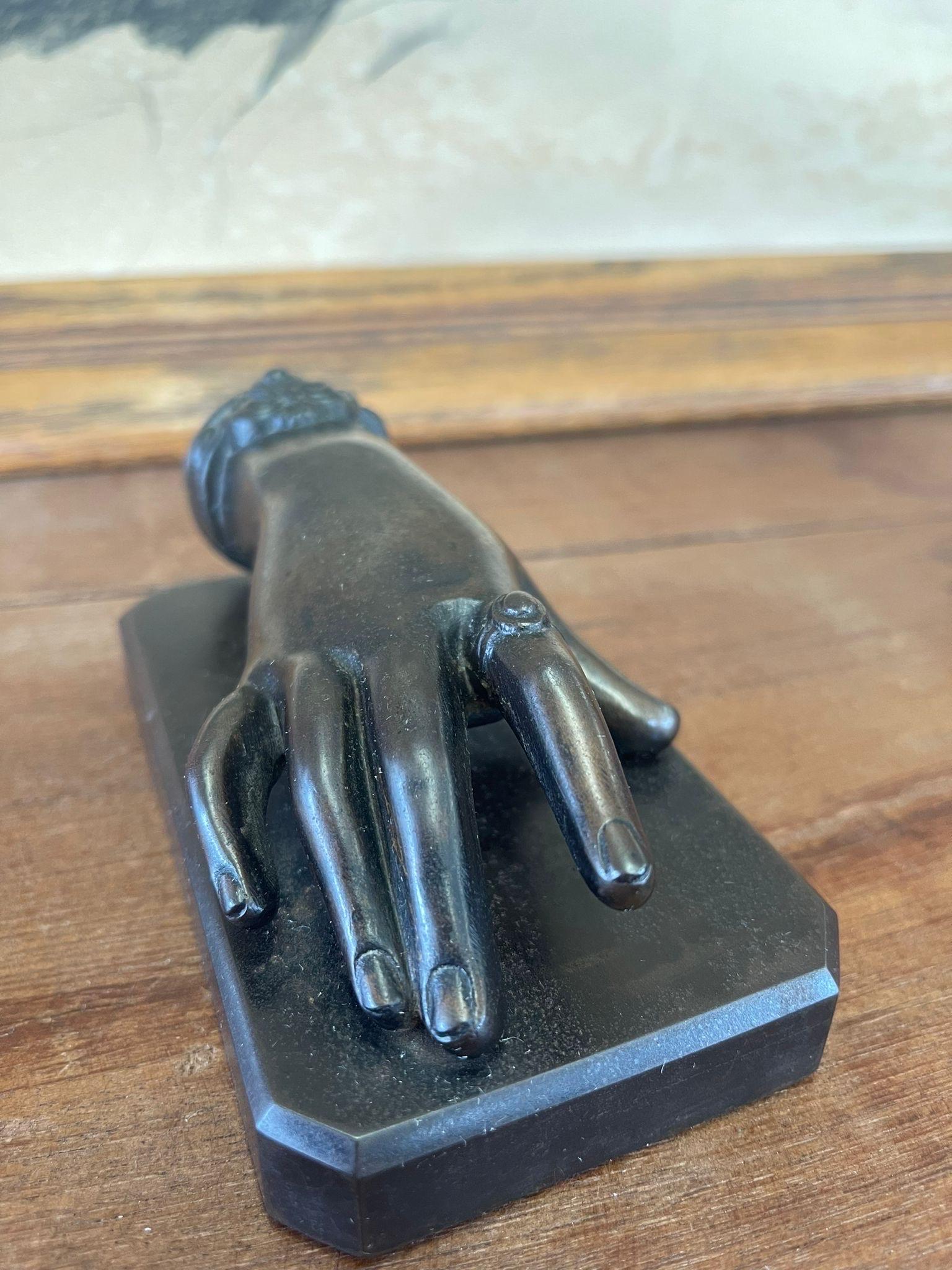 Vintage Sculpted Bronze Hand Figurine Atop Bronze Base For Sale 1