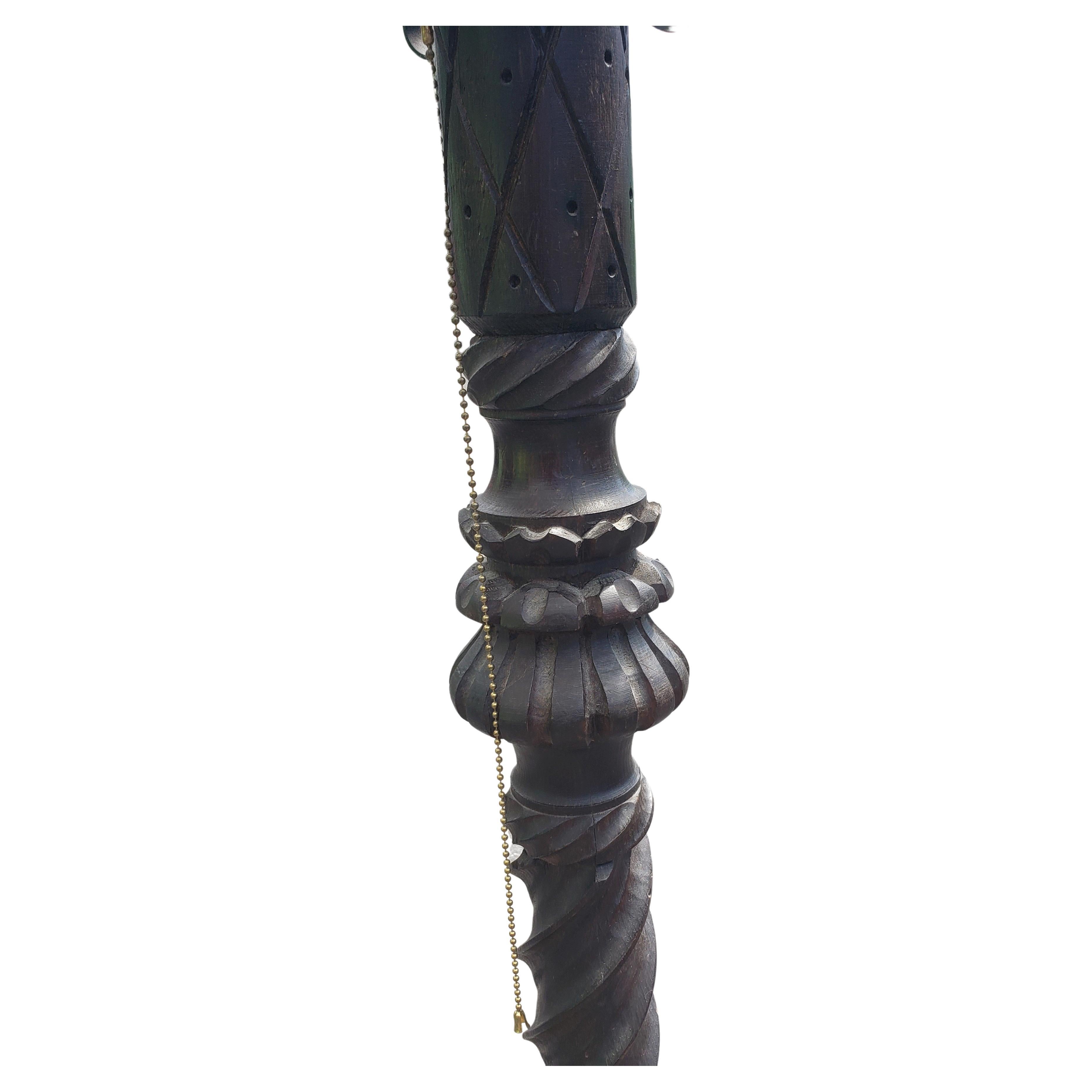 20th Century Vintage Sculpted Ebonized Wood Pedestal Tripod Floor Lamp with Wood & Iron Shade For Sale