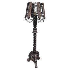 Vintage Sculpted Ebonized Wood Pedestal Tripod Floor Lamp with Wood & Iron Shade