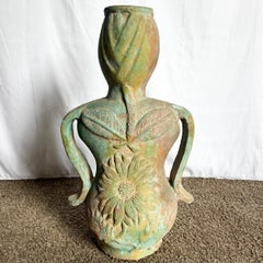Vintage Sculpted Female Form Ceramic Vase With Sunflower and Leaf Motif