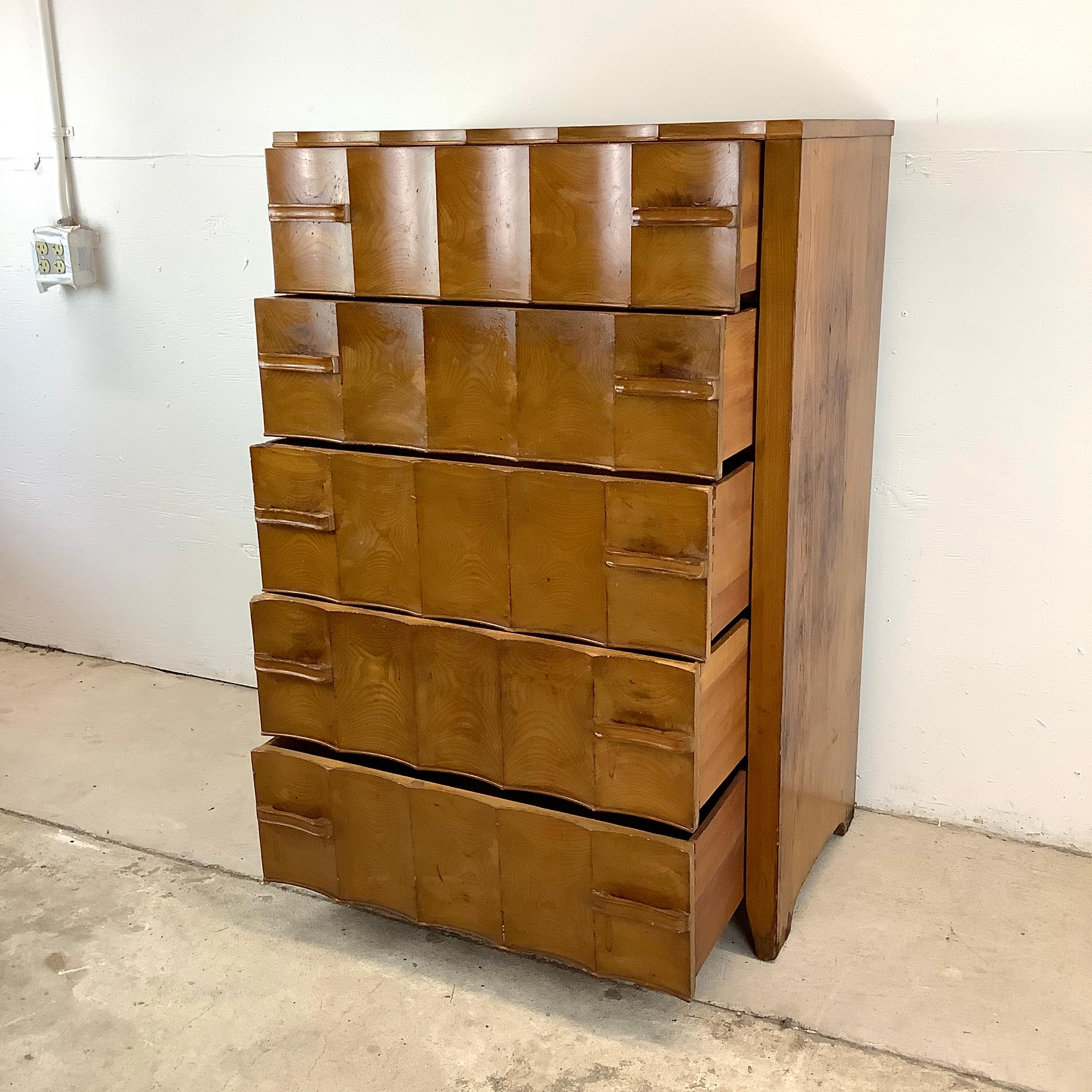 Vintage Sculpted Front Art Deco Highboy Dresser 1