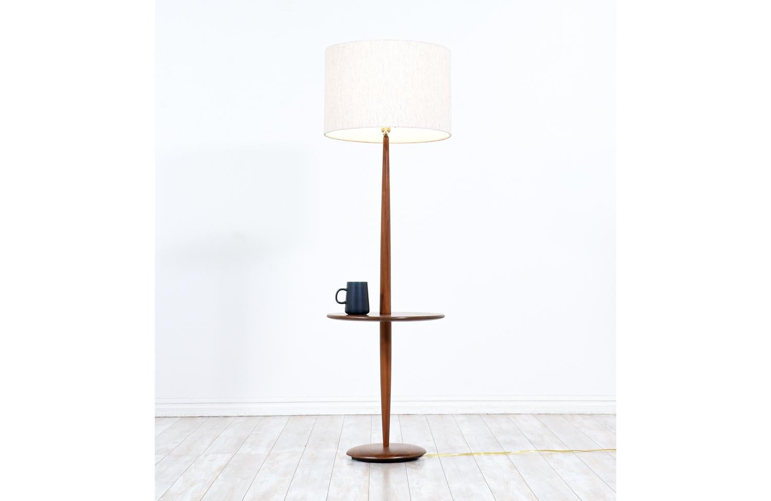 Mid-Century Modern Vintage Sculpted Walnut Floor Lamp with Side Table by Laurel